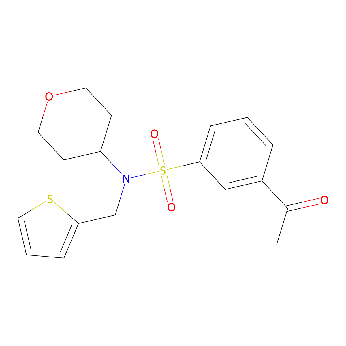 3-acetyl-N-(tetrahydro-2H-pyran-4-yl)-N-(thiophen-2-ylmethyl)benzenesulfonamide molecular structure, CAS 1798674-29-9