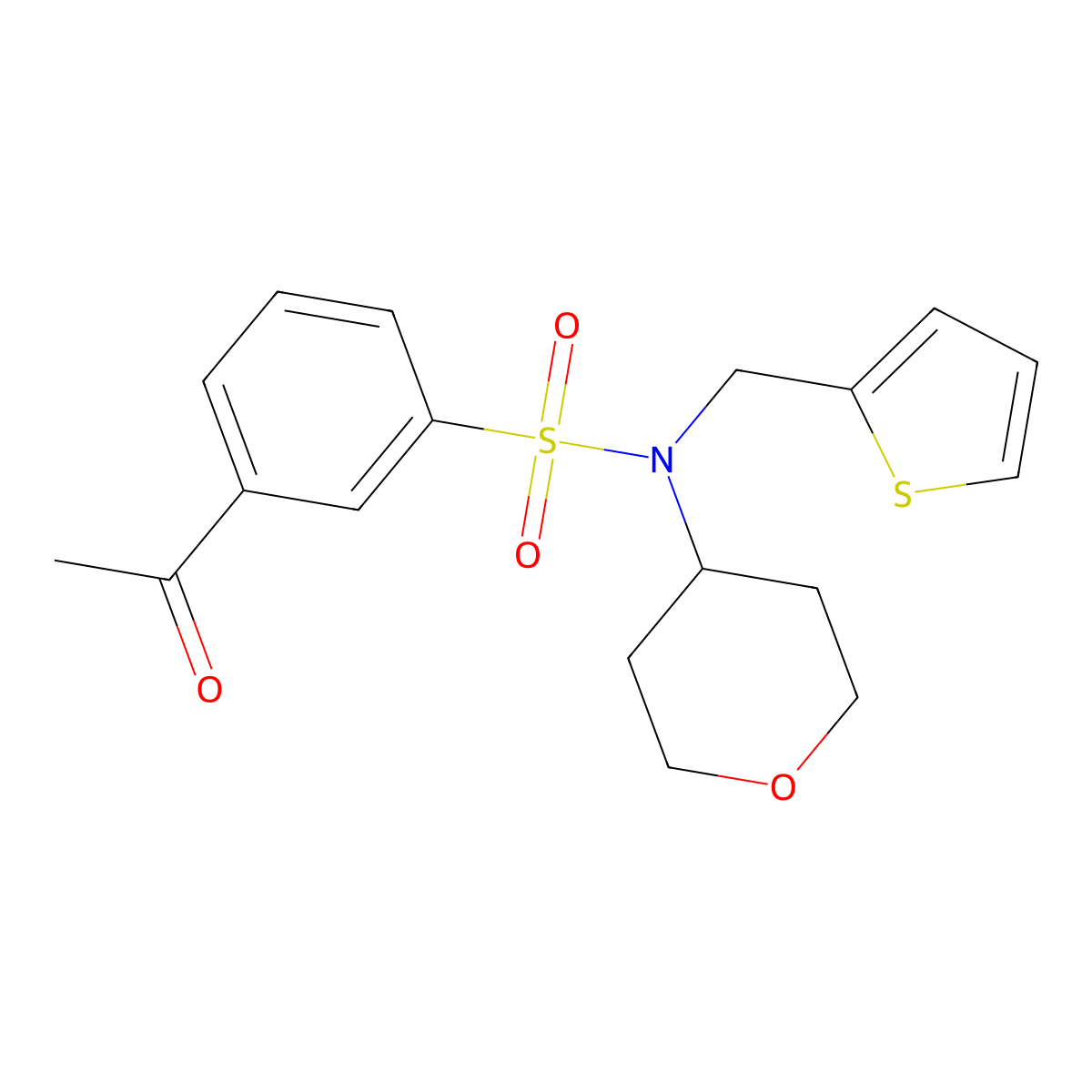 3-acetyl-N-(tetrahydro-2H-pyran-4-yl)-N-(thiophen-2-ylmethyl)benzenesulfonamide molecular structure, CAS 1798674-29-9