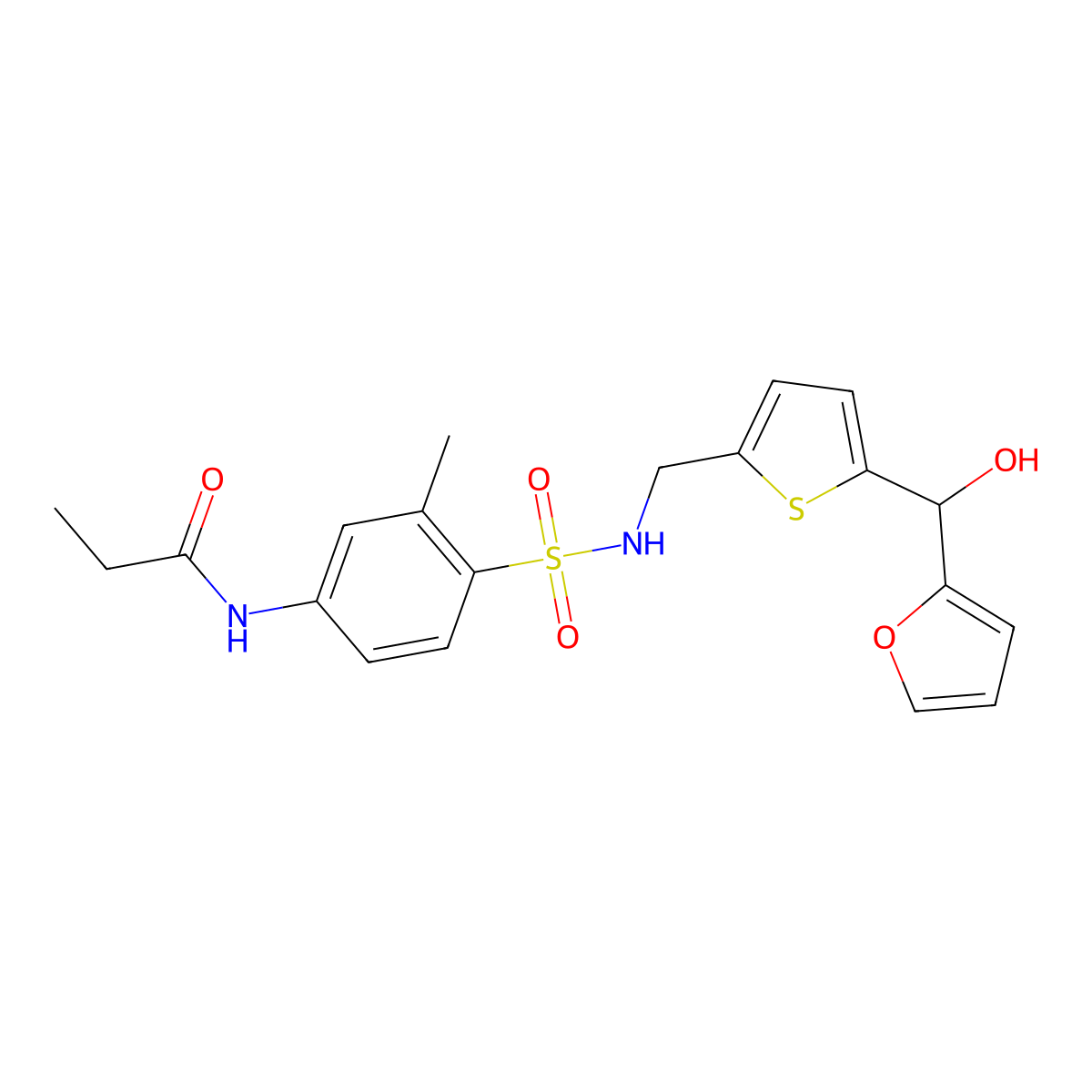 N-(4-(N-((5-(furan-2-yl(hydroxy)methyl)thiophen-2-yl)methyl)sulfamoyl)-3-methylphenyl)propionamide molecular structure, CAS 1798674-49-3
