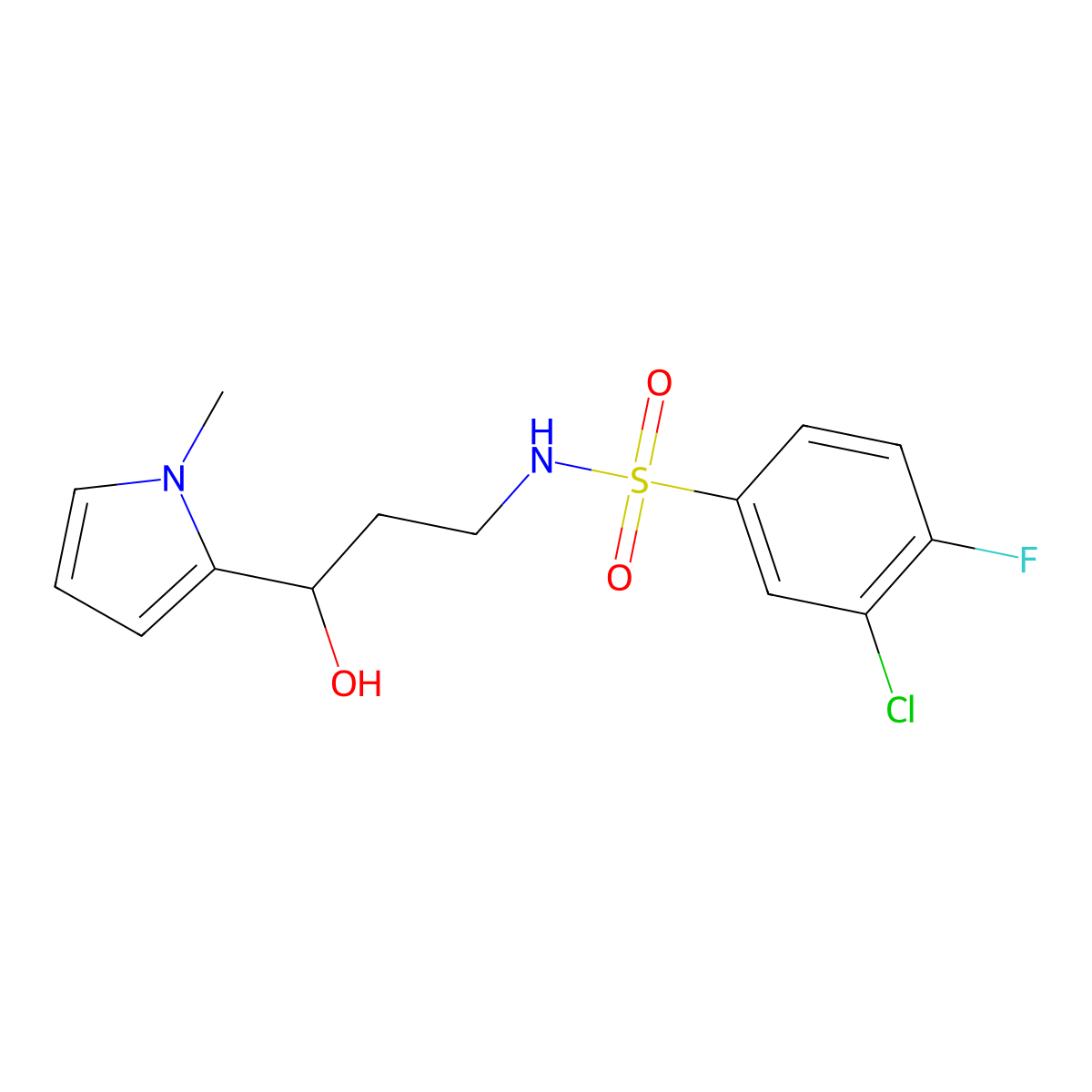 3-chloro-4-fluoro-N-(3-hydroxy-3-(1-methyl-1H-pyrrol-2-yl)propyl)benzenesulfonamide molecular structure, CAS 1798674-50-6
