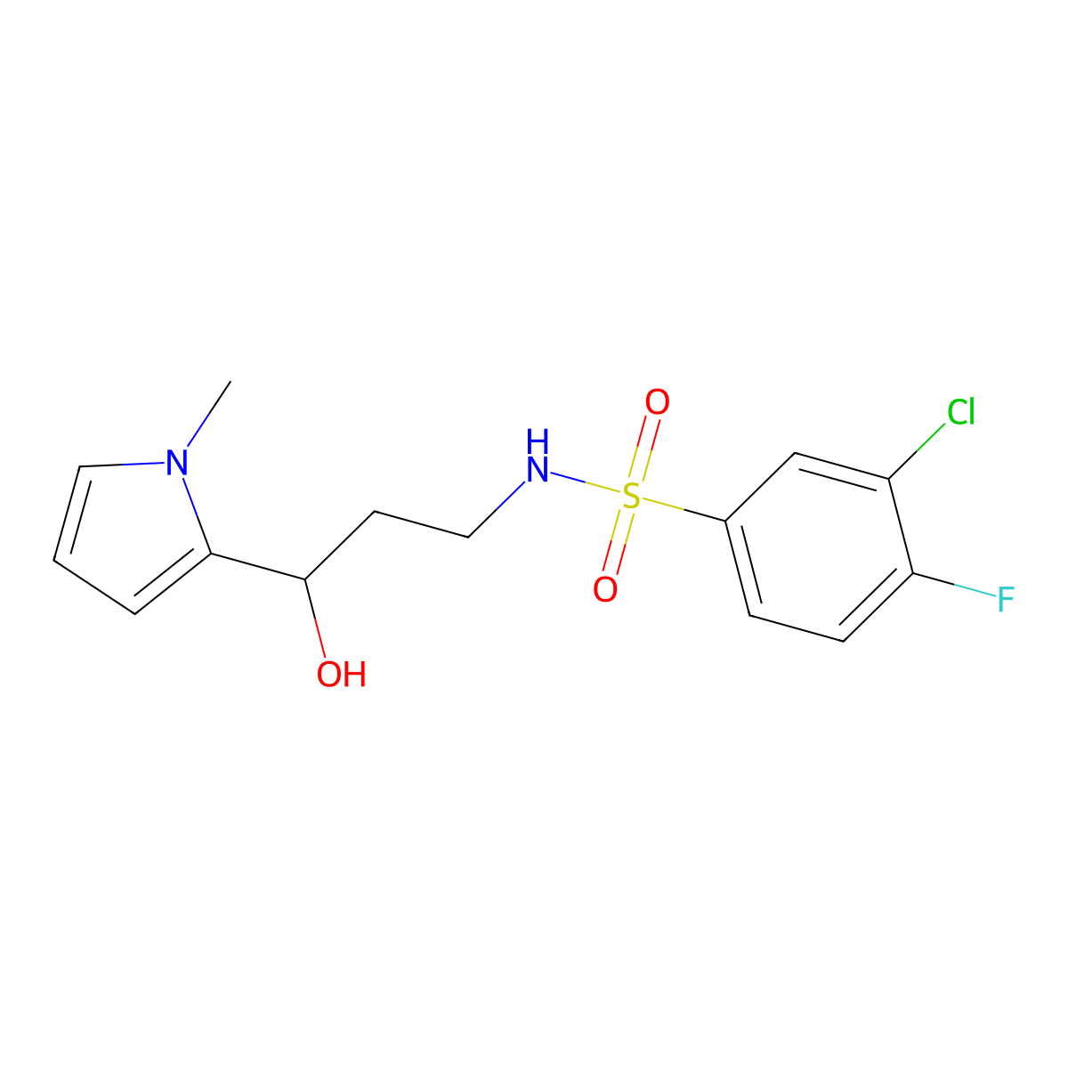 3-chloro-4-fluoro-N-(3-hydroxy-3-(1-methyl-1H-pyrrol-2-yl)propyl)benzenesulfonamide molecular structure, CAS 1798674-50-6