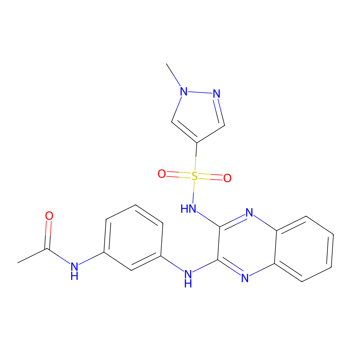 N-(3-((3-(1-methyl-1H-pyrazole-4-sulfonamido)quinoxalin-2-yl)amino)phenyl)acetamide molecular structure, CAS 1798674-85-7