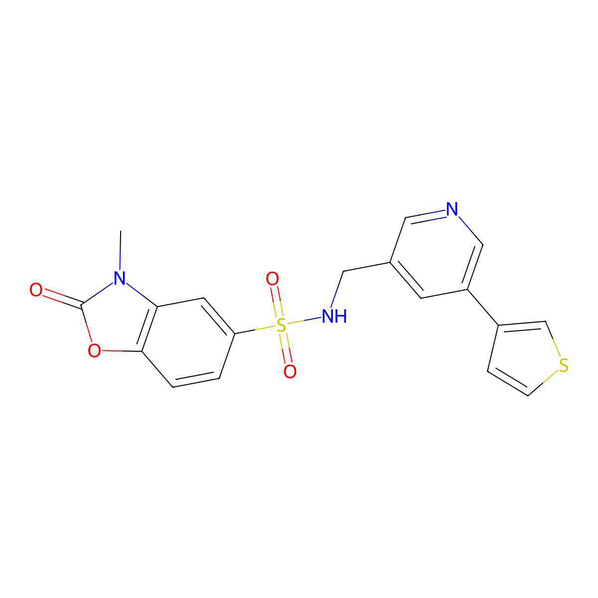 3-methyl-2-oxo-N-((5-(thiophen-3-yl)pyridin-3-yl)methyl)-2,3-dihydrobenzo[d]oxazole-5-sulfonamide molecular structure, CAS 1798674-89-1