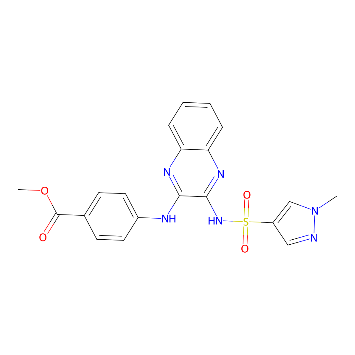 methyl 4-{[3-(1-methyl-1H-pyrazole-4-sulfonamido)quinoxalin-2-yl]amino}benzoate molecular structure, CAS 1798674-99-3
