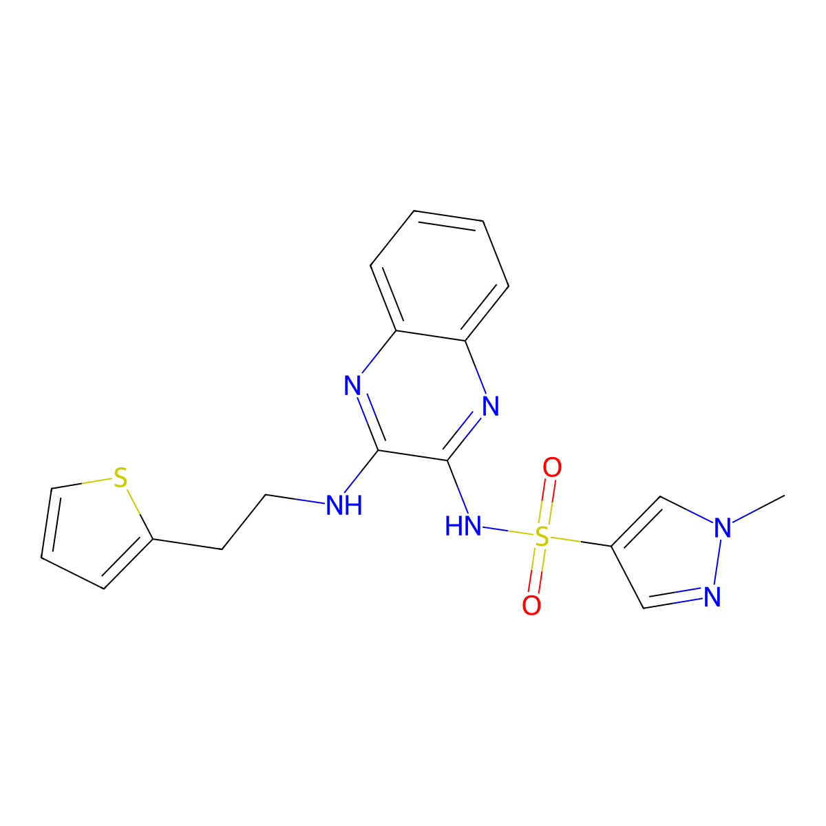1-methyl-N-(3-((2-(thiophen-2-yl)ethyl)amino)quinoxalin-2-yl)-1H-pyrazole-4-sulfonamide molecular structure, CAS 1798675-15-6
