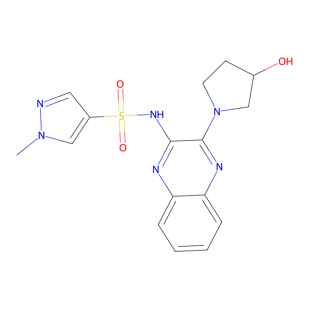 N-(3-(3-hydroxypyrrolidin-1-yl)quinoxalin-2-yl)-1-methyl-1H-pyrazole-4-sulfonamide molecular structure, CAS 1798675-19-0