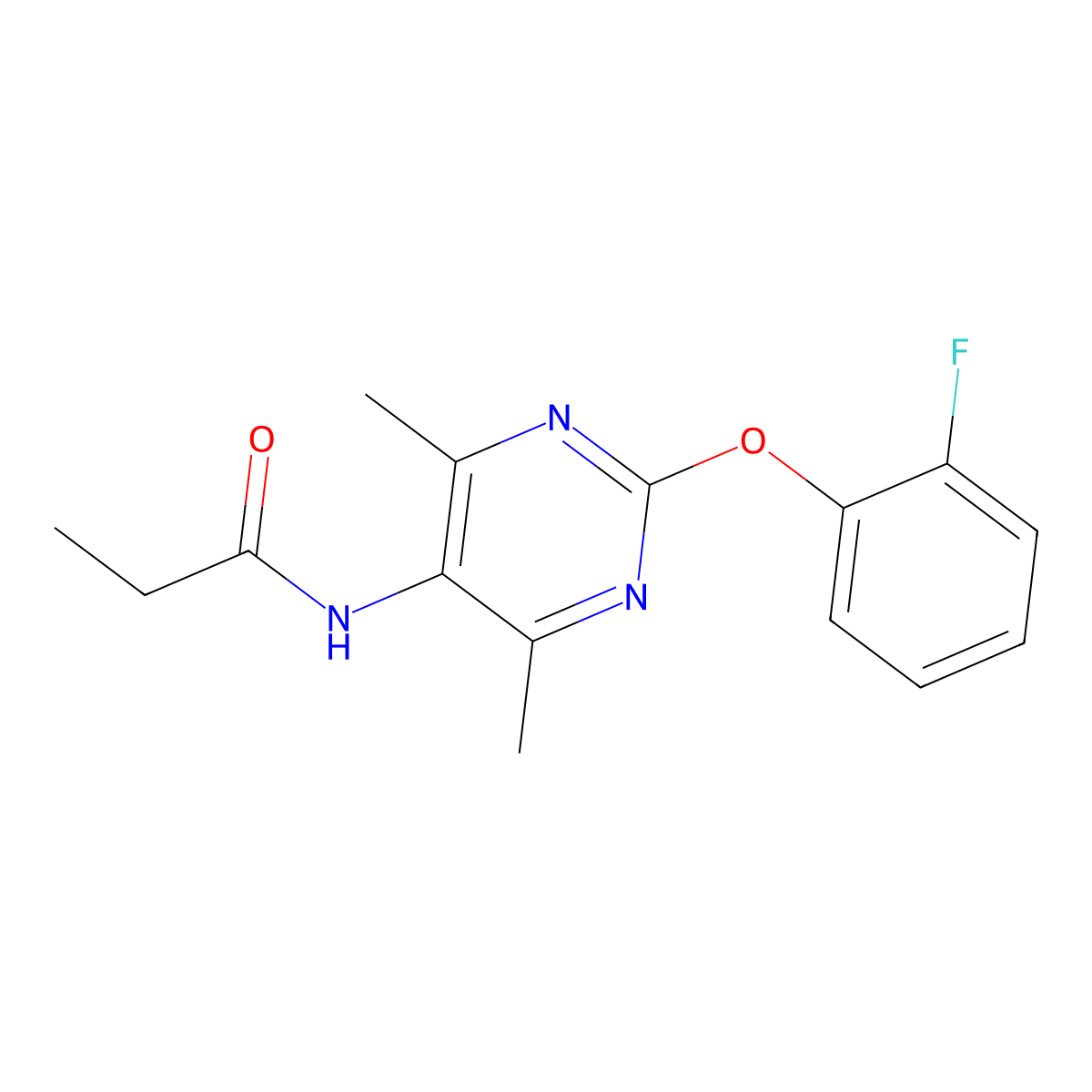 N-(2-(2-fluorophenoxy)-4,6-dimethylpyrimidin-5-yl)propionamide molecular structure, CAS 1798675-30-5