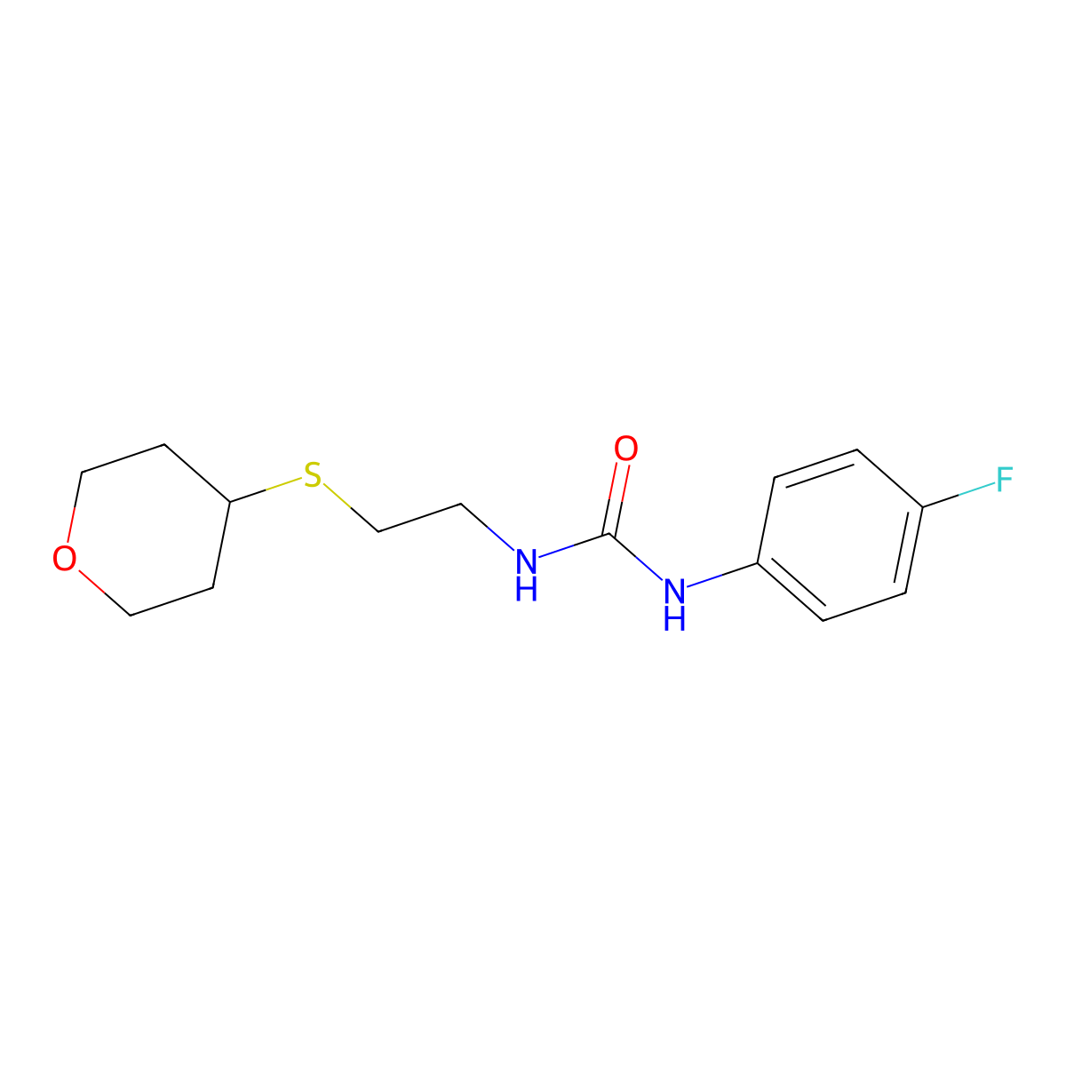 1-(4-fluorophenyl)-3-(2-((tetrahydro-2H-pyran-4-yl)thio)ethyl)urea molecular structure, CAS 1798675-53-2