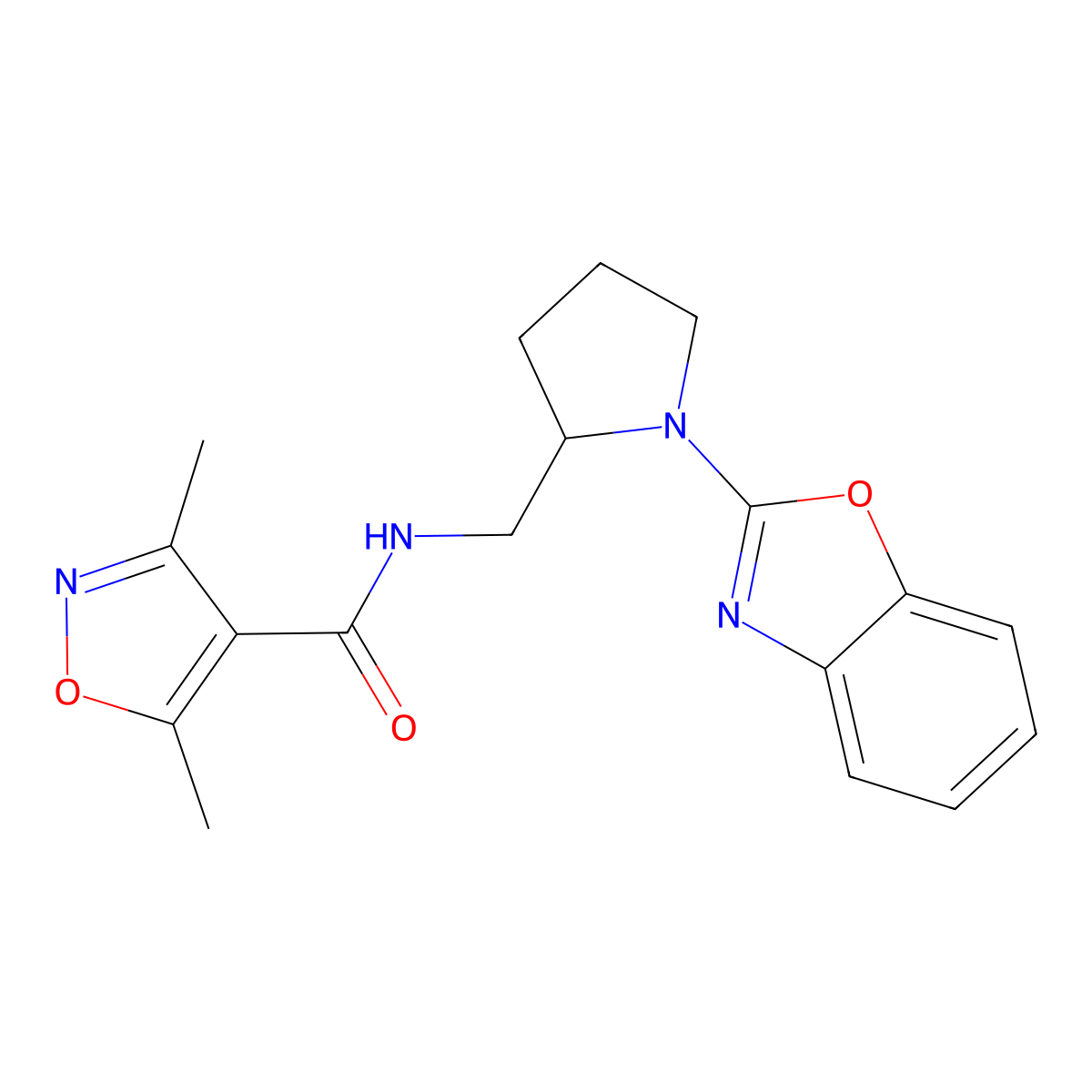 N-((1-(benzo[d]oxazol-2-yl)pyrrolidin-2-yl)methyl)-3,5-dimethylisoxazole-4-carboxamide molecular structure, CAS 1798678-27-9