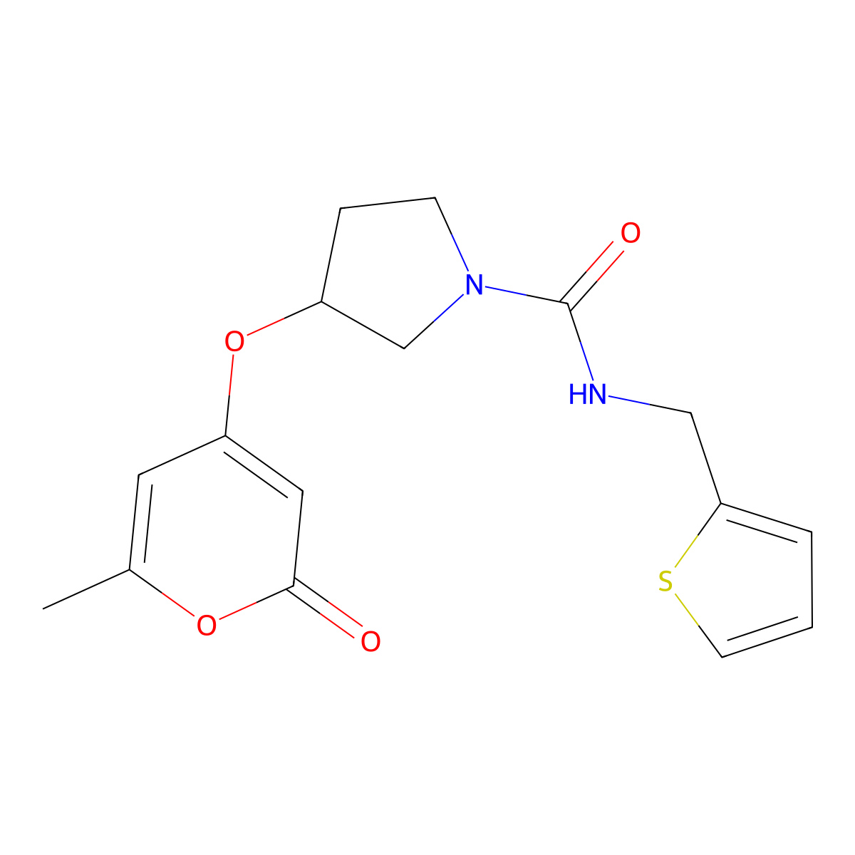 3-((6-methyl-2-oxo-2H-pyran-4-yl)oxy)-N-(thiophen-2-ylmethyl)pyrrolidine-1-carboxamide molecular structure, CAS 1798678-89-3
