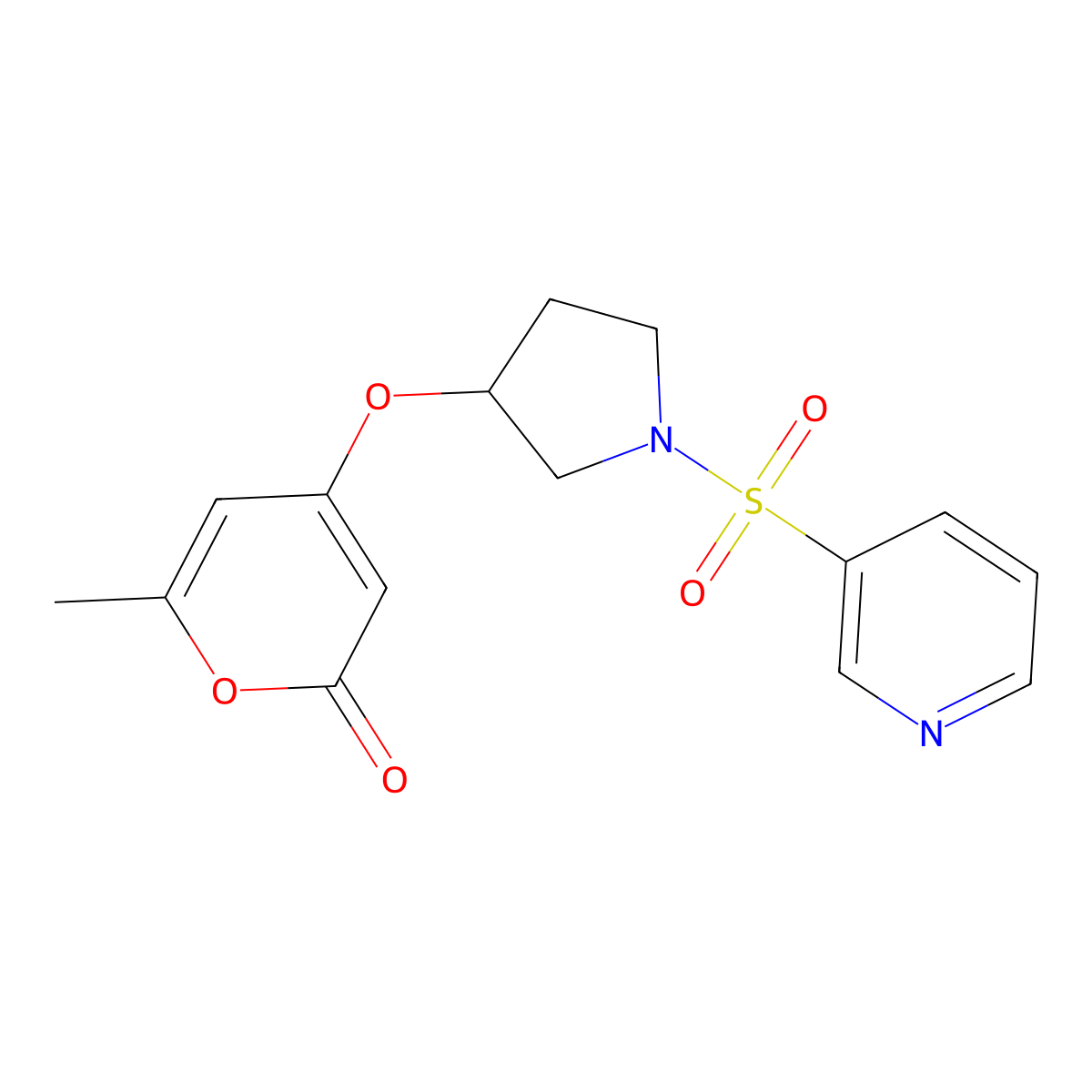 6-methyl-4-((1-(pyridin-3-ylsulfonyl)pyrrolidin-3-yl)oxy)-2H-pyran-2-one molecular structure, CAS 1798678-91-7