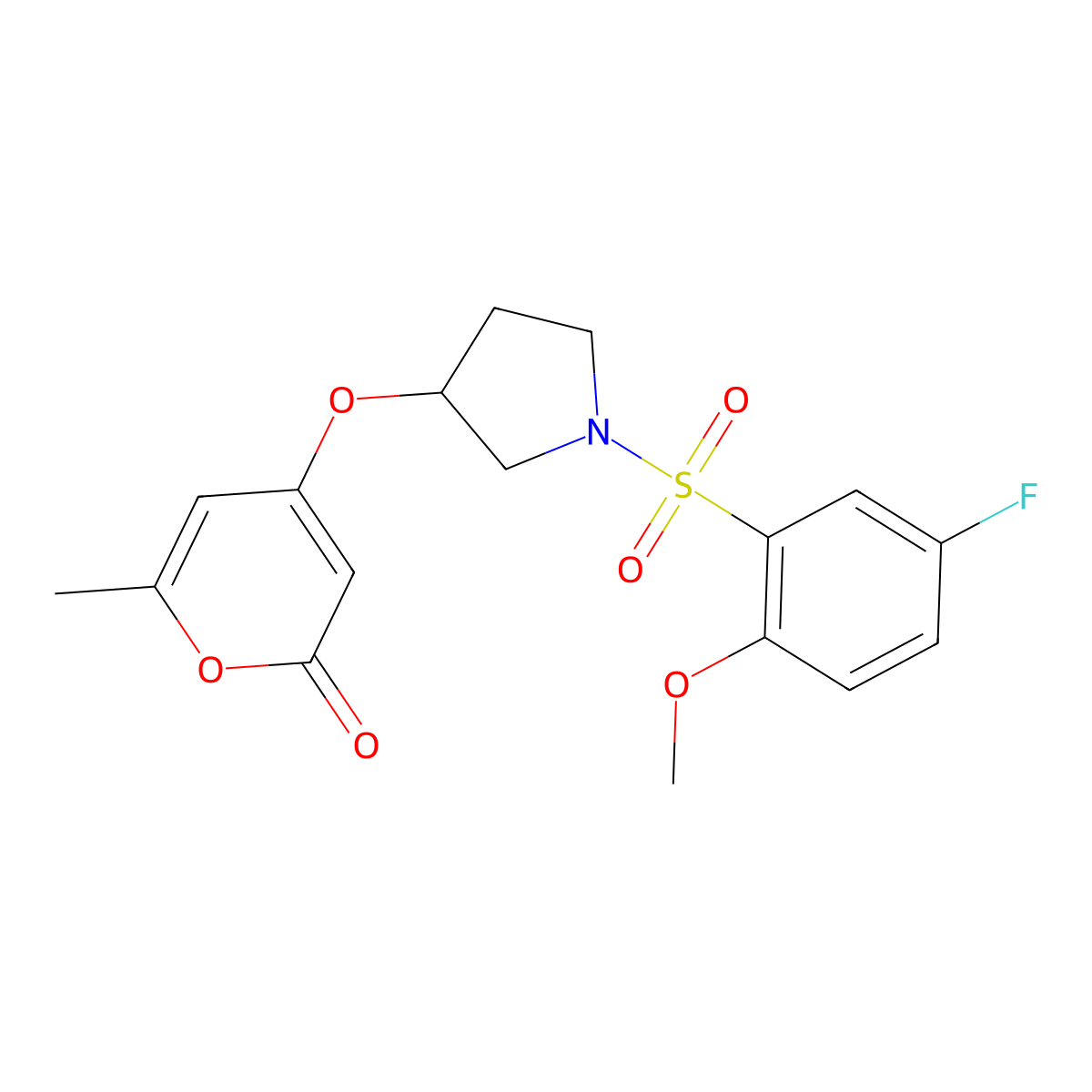 4-((1-((5-fluoro-2-methoxyphenyl)sulfonyl)pyrrolidin-3-yl)oxy)-6-methyl-2H-pyran-2-one molecular structure, CAS 1798679-02-3