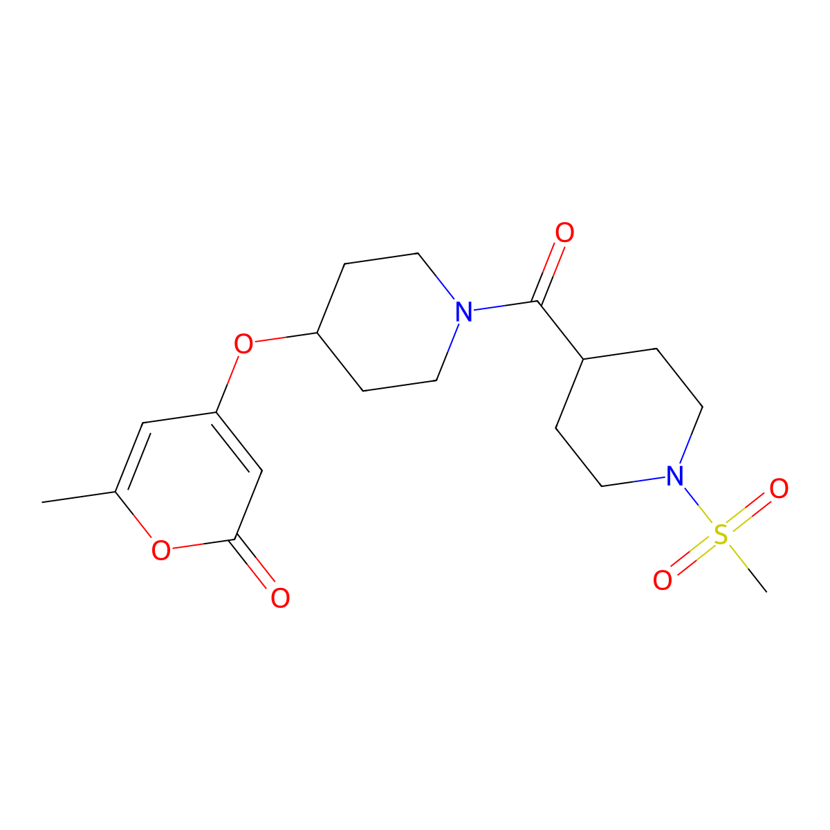 6-methyl-4-((1-(1-(methylsulfonyl)piperidine-4-carbonyl)piperidin-4-yl)oxy)-2H-pyran-2-one molecular structure, CAS 1798679-27-2
