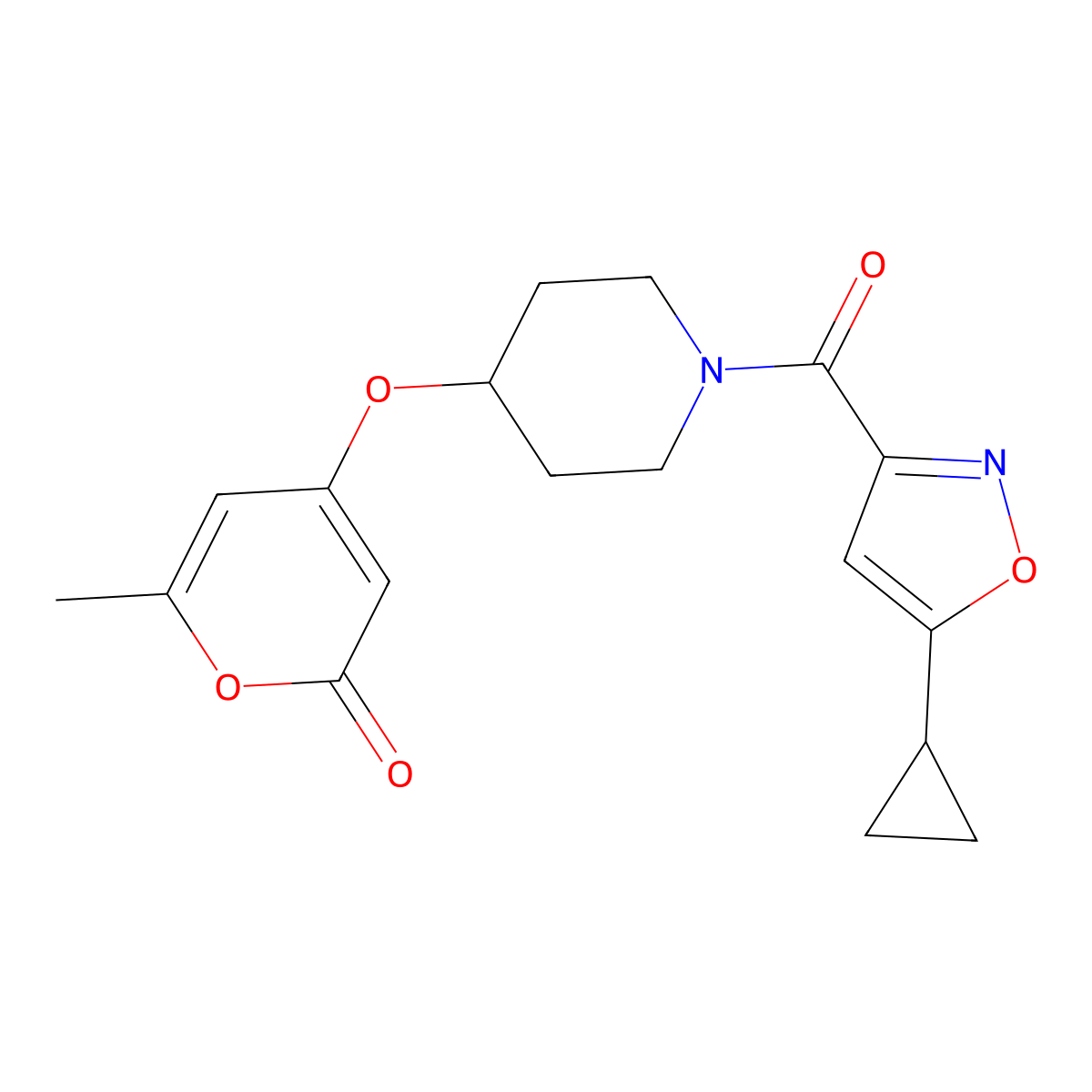 4-((1-(5-cyclopropylisoxazole-3-carbonyl)piperidin-4-yl)oxy)-6-methyl-2H-pyran-2-one molecular structure, CAS 1798679-33-0