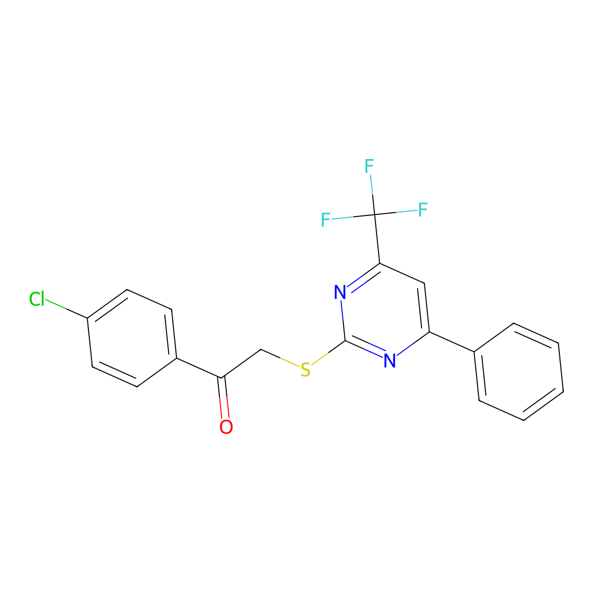 1-(4-Chlorophenyl)-2-{[4-phenyl-6-(trifluoromethyl)pyrimidin-2-yl]sulfanyl}ethanone molecular structure, CAS 1798679-60-3