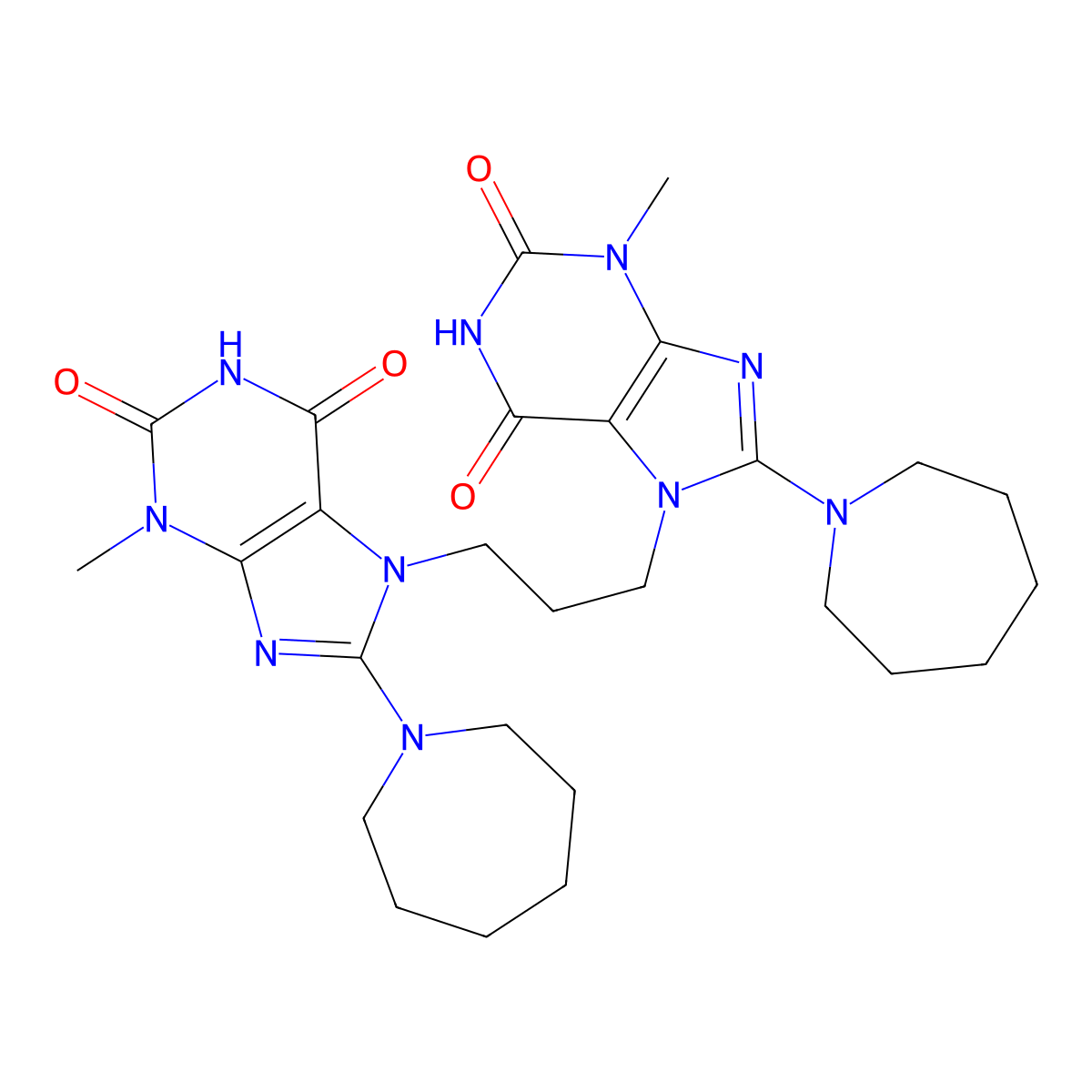 8-(azepan-1-yl)-7-{3-[8-(azepan-1-yl)-3-methyl-2,6-dioxo-2,3,6,7-tetrahydro-1H-purin-7-yl]propyl}-3-methyl-2,3,6,7-tetrahydro-1H-purine-2,6-dione molecular structure, CAS 1798679-85-2