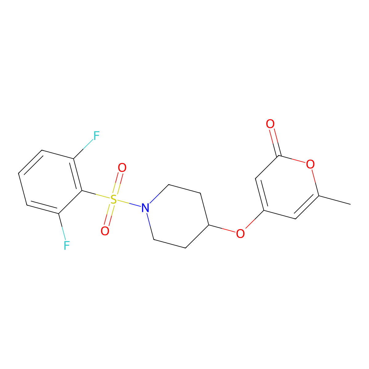 4-((1-((2,6-difluorophenyl)sulfonyl)piperidin-4-yl)oxy)-6-methyl-2H-pyran-2-one molecular structure, CAS 1798679-89-6