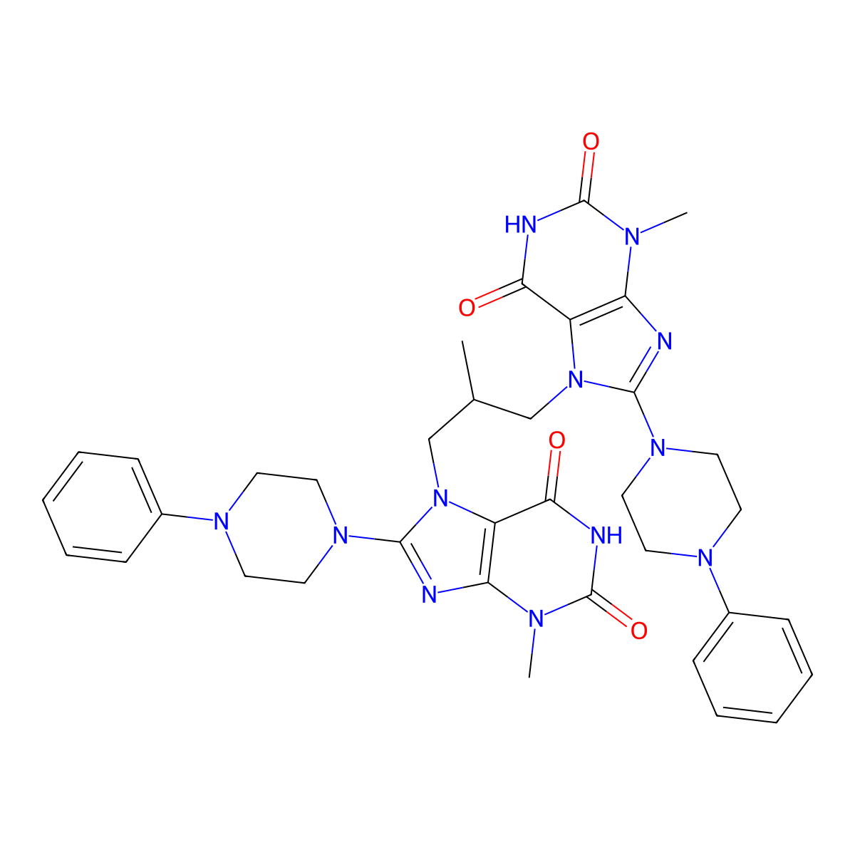 3-methyl-7-(2-{[3-methyl-2,6-dioxo-8-(4-phenylpiperazin-1-yl)-2,3,6,7-tetrahydro-1H-purin-7-yl]methyl}propyl)-8-(4-phenylpiperazin-1-yl)-2,3,6,7-tetrahydro-1H-purine-2,6-dione molecular structure, CAS 1798679-92-1