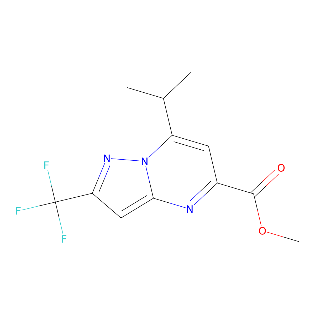 Methyl 7-isopropyl-2-(trifluoromethyl)pyrazolo[1,5-a]pyrimidine-5-carboxylate molecular structure, CAS 1798723-27-9