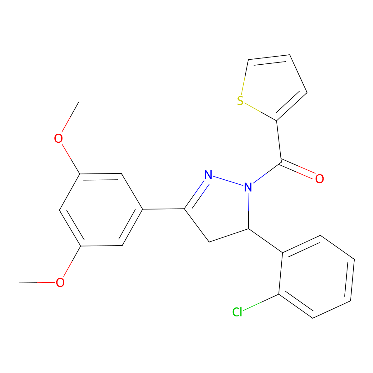 5-(2-chlorophenyl)-3-(3,5-dimethoxyphenyl)-1-(thiophene-2-carbonyl)-4,5-dihydro-1H-pyrazole molecular structure, CAS 1798750-60-3