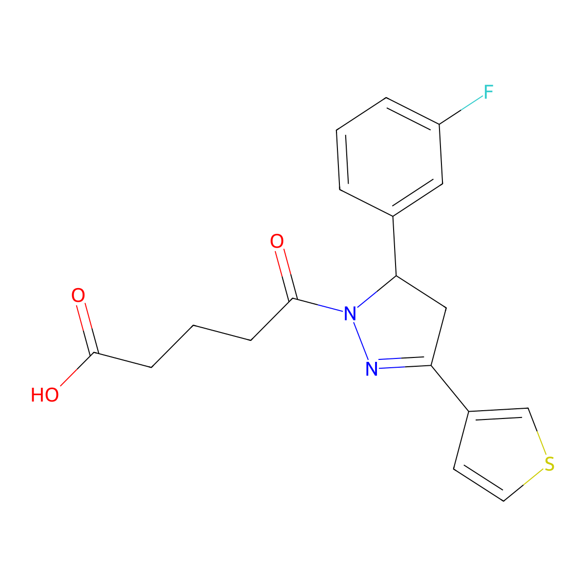 5-[5-(3-fluorophenyl)-3-(thiophen-3-yl)-4,5-dihydro-1H-pyrazol-1-yl]-5-oxopentanoic acid molecular structure, CAS 1798779-20-0