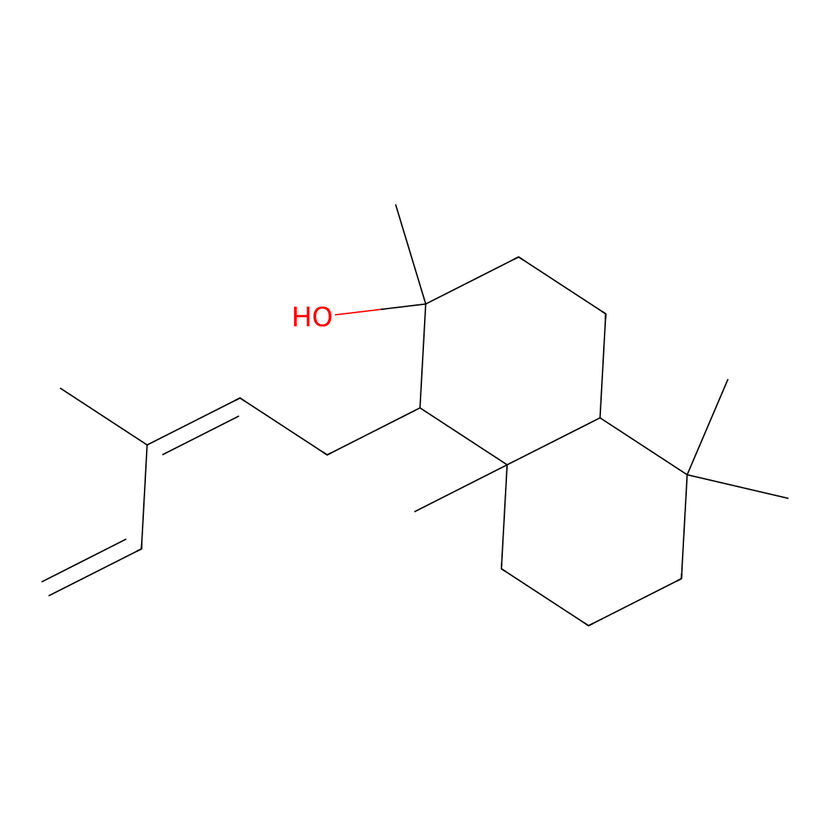 (1R,2R,4aS,8aS)-Decahydro-2,5,5,8a-tetramethyl-1-((2Z)-3-methyl-2,4-pentadien-1-yl)-2-naphthalenol molecular structure, CAS 17990-16-8