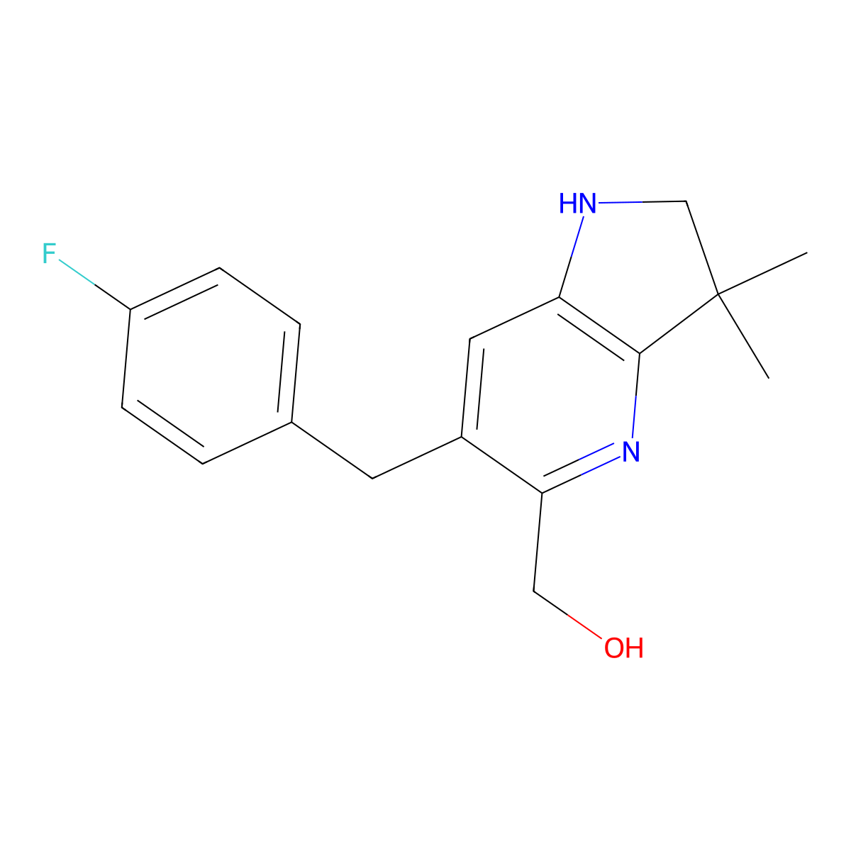 1H-Pyrrolo[3,2-b]pyridine-5-methanol, 6-[(4-fluorophenyl)methyl]-2,3-dihydro-3,3-dimethyl- molecular structure, CAS 1799327-42-6