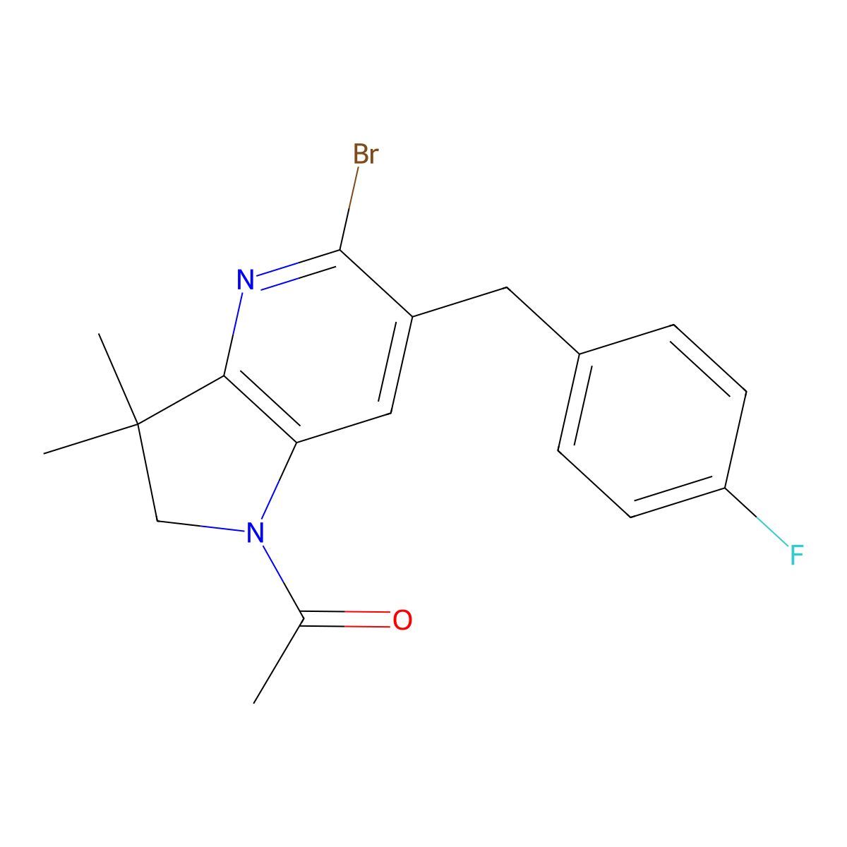 1-(5-Bromo-6-(4-fluorobenzyl)-3,3-dimethyl-2,3-dihydro-1H-pyrrolo[3,2-b]pyridin-1-yl)ethan-1-one molecular structure, CAS 1799328-05-4
