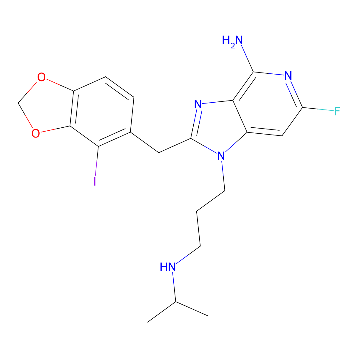 6-Fluoro-2-((4-iodobenzo[d][1,3]dioxol-5-yl)methyl)-1-(3-(isopropylamino)propyl)-1H-imidazo[4,5-c]pyridin-4-amine molecular structure, CAS 1799421-10-5