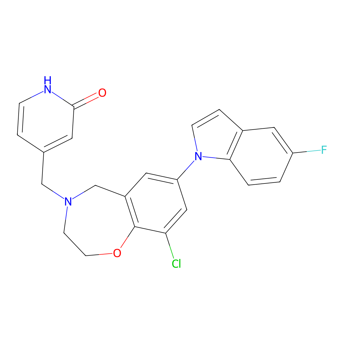 4-((9-chloro-7-(5-fluoro-1H-indol-1-yl)-2,3-dihydrobenzo(f)(1,4)oxazepin-4(5H)-yl)methyl)pyridin-2(1H)-one molecular structure, CAS 1799626-16-6