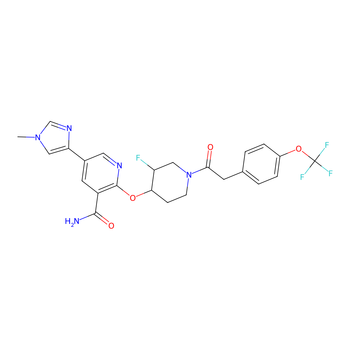 2-[(3S,4R)-3-fluoro-1-[2-[4-(trifluoromethoxy)phenyl]acetyl]piperidin-4-yl]oxy-5-(1-methylimidazol-4-yl)pyridine-3-carboxamide molecular structure, CAS 1799789-00-6