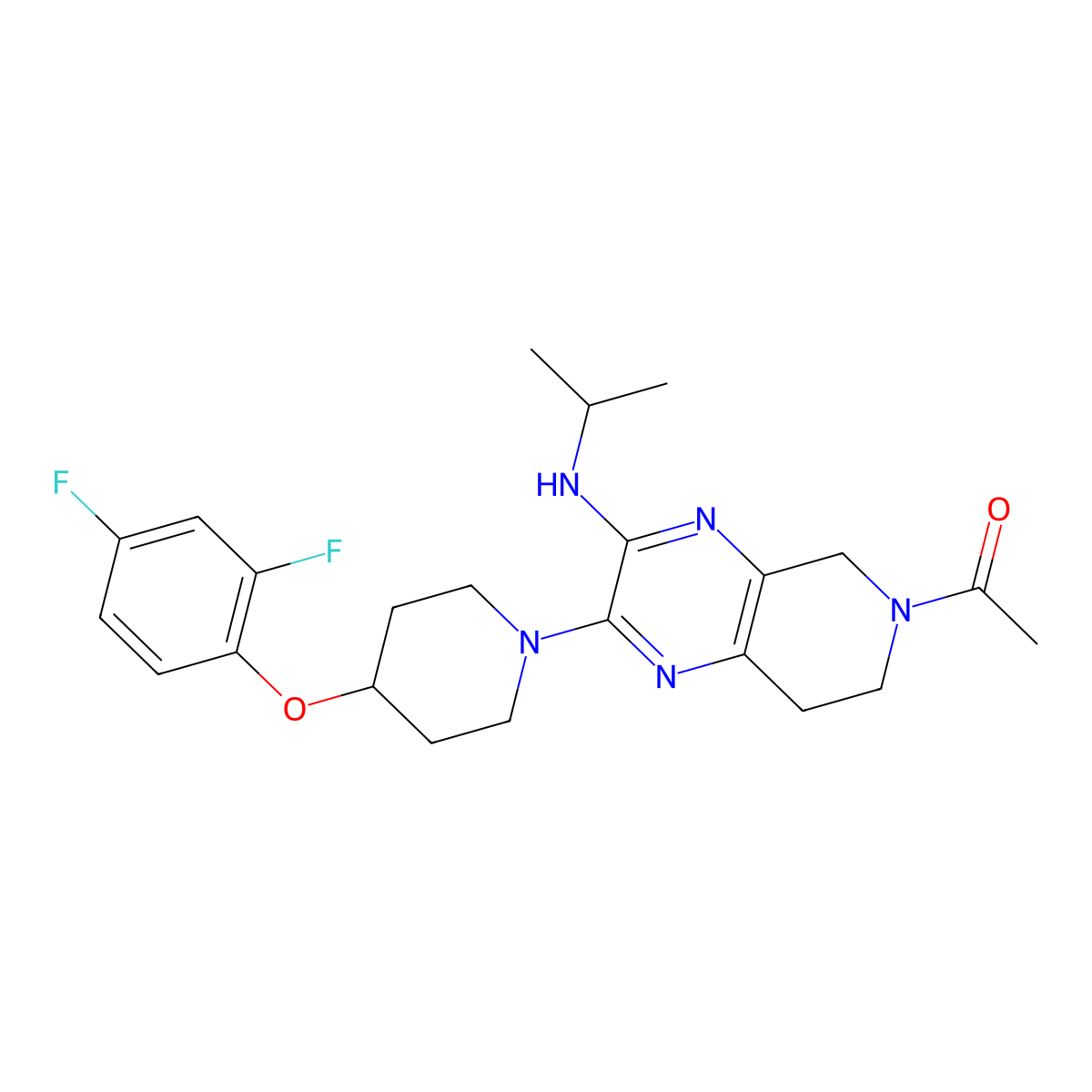 1-{2-[4-(2,4-difluorophenoxy)piperidin-1-yl]-3-[(propan-2-yl)amino]-5H,6H,7H,8H-pyrido[3,4-b]pyrazin-6-yl}ethan-1-one molecular structure, CAS 1799967-04-6