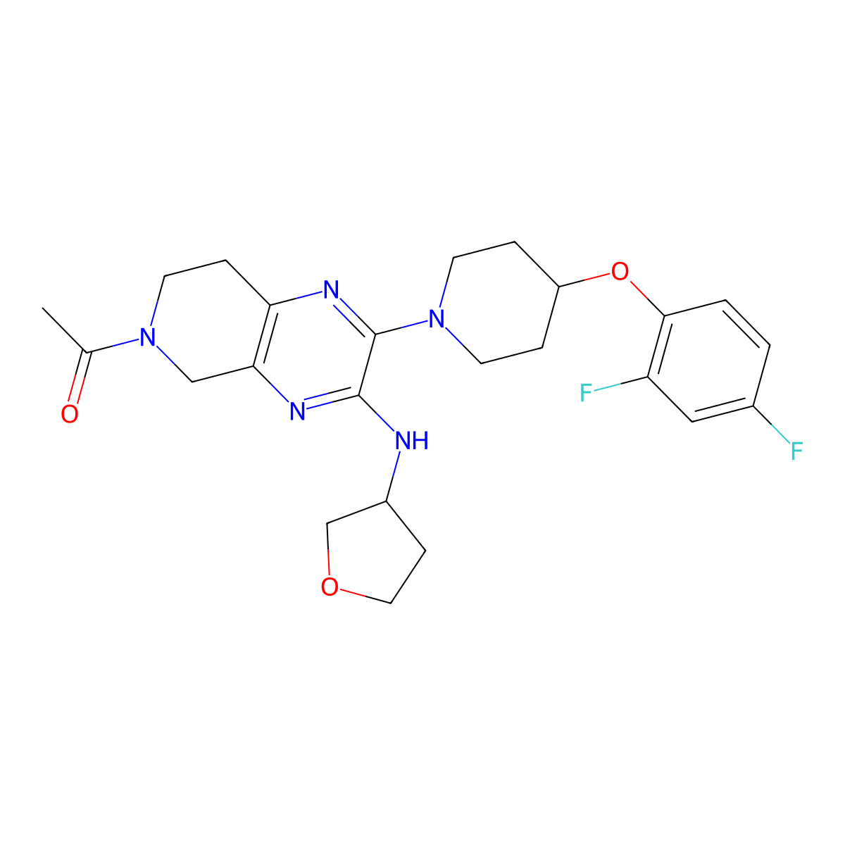 1-{2-[4-(2,4-difluorophenoxy)piperidin-1-yl]-3-{[(3S)-oxolan-3-yl]amino}-5H,6H,7H,8H-pyrido[3,4-b]pyrazin-6-yl}ethan-1-one molecular structure, CAS 1799968-74-3