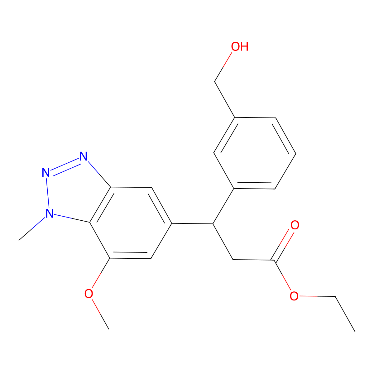 ethyl 3-(3-(hydroxymethyl)phenyl)-3-(7-methoxy-1-methyl-1H-1,2,3-benzotriazol-5-yl)propanoate molecular structure, CAS 1799975-31-7