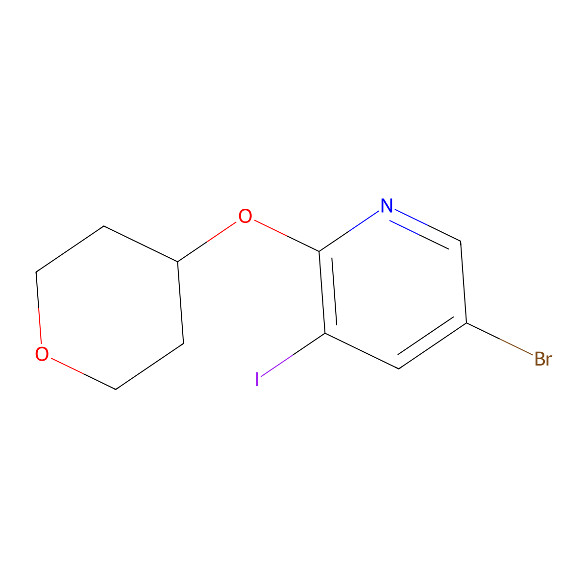 5-bromo-3-iodo-2-((tetrahydro-2H-pyran-4-yl)oxy)pyridine molecular structure, CAS 1800399-62-5