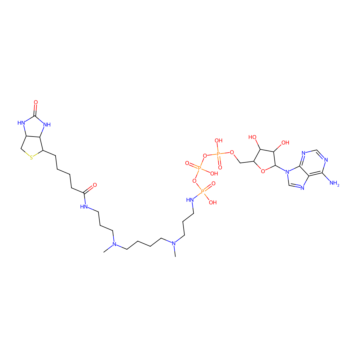 N-[3-[4-[3-[5-[(3aS,4S,6aR)-2-oxo-1,3,3a,4,6,6a-hexahydrothieno[3,4-d]imidazol-4-yl]pentanoylamino]propyl-methylamino]butyl-methylamino]propyl]-[[[(2R,3S,4R,5R)-5-(6-aminopurin-9-yl)-3,4-dihydroxyoxolan-2-yl]methoxy-hydroxyphosphoryl]oxy-hydroxyphosphoryl]oxyphosphonamidic acid molecular structure, CAS 1800401-93-7