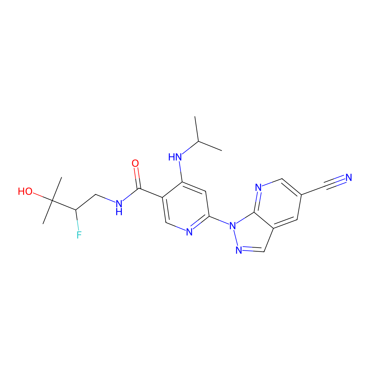 (R)-6-(5-Cyano-1H-pyrazolo[3,4-b]pyridin-1-yl)-N-(2-fluoro-3-hydroxy-3-methylbutyl)-4-(isopropylamino)nicotinamide molecular structure, CAS 1800553-97-2