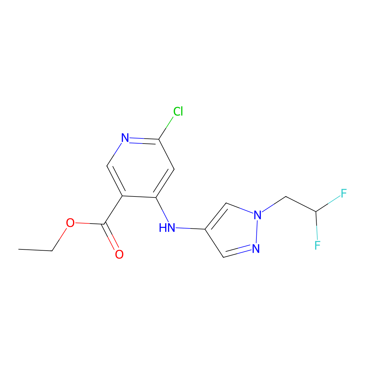 Ethyl 6-chloro-4-[[1-(2,2-difluoroethyl)pyrazol-4-yl]amino]pyridine-3-carboxylate molecular structure, CAS 1800559-89-0