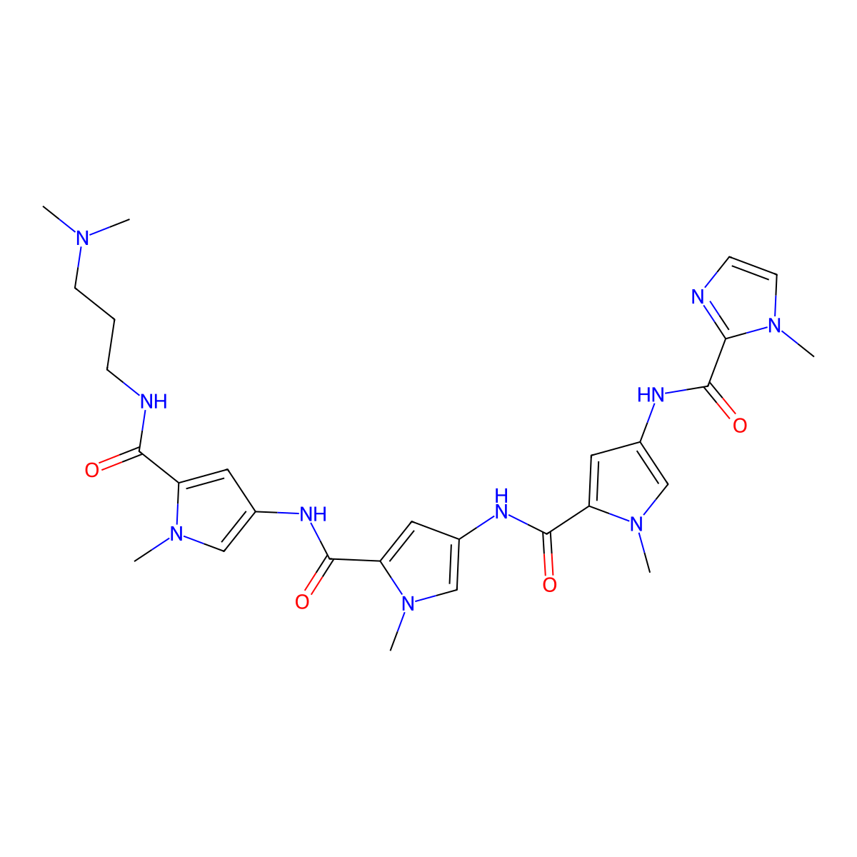 N-(5-((5-((5-((3-(Dimethylamino)propyl)carbamoyl)-1-methyl-1H-pyrrol-3-yl)carbamoyl)-1-methyl-1H-pyrrol-3-yl)carbamoyl)-1-methyl-1H-pyrrol-3-yl)-1-methyl-1H-imidazole-2-carboxamide molecular structure, CAS 180076-86-2