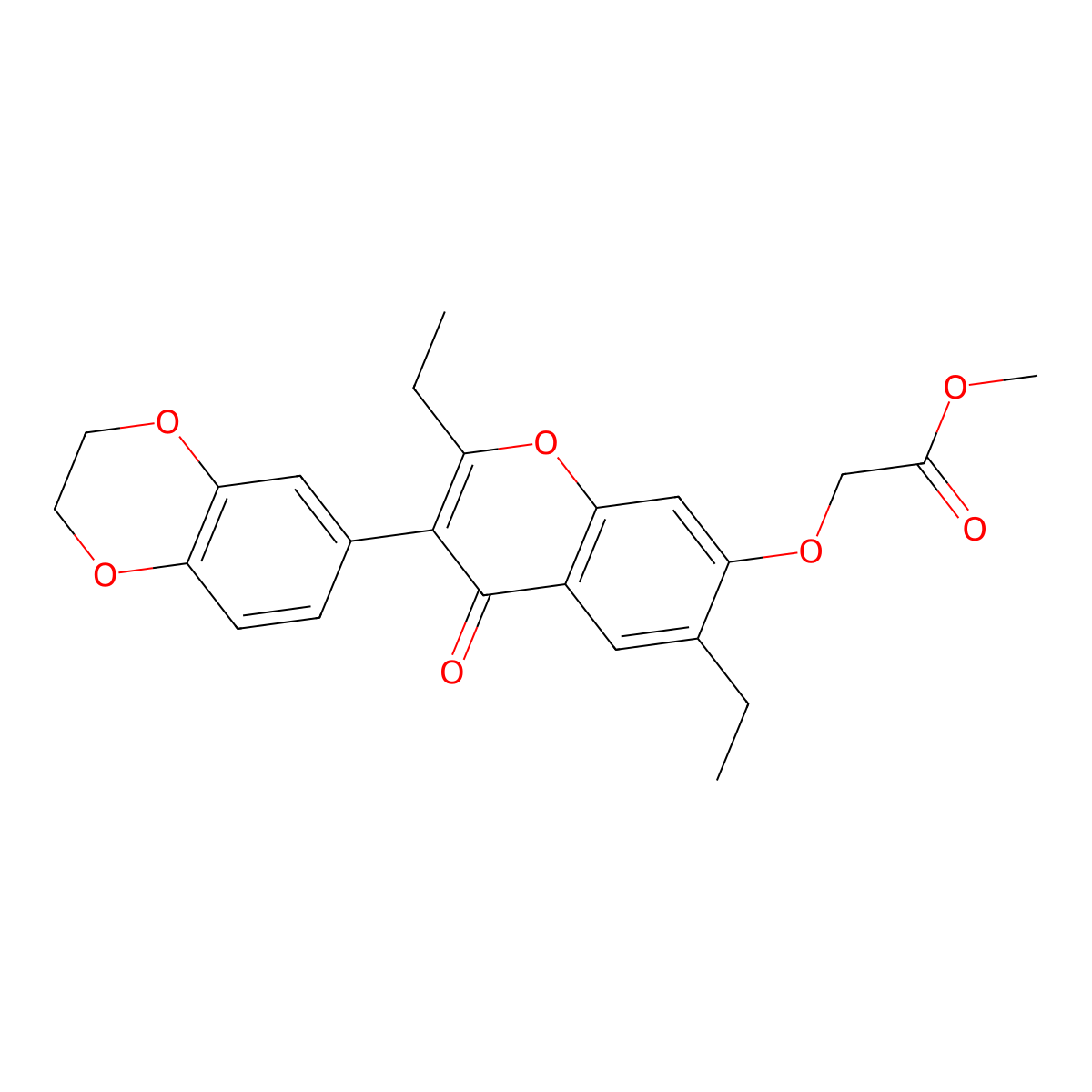 methyl {[3-(2,3-dihydro-1,4-benzodioxin-6-yl)-2,6-diethyl-4-oxo-4H-chromen-7-yl]oxy}acetate molecular structure, CAS 180077-41-2