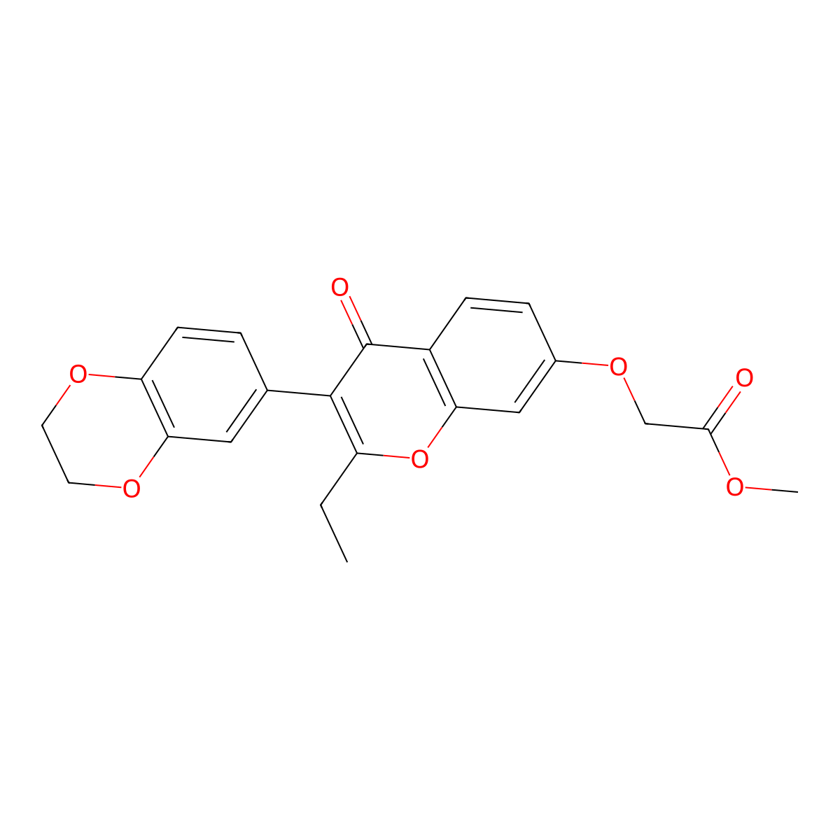 Methyl 2-[3-(2,3-dihydro-1,4-benzodioxin-6-yl)-2-ethyl-4-oxochromen-7-yl]oxyacetate molecular structure, CAS 180077-47-8