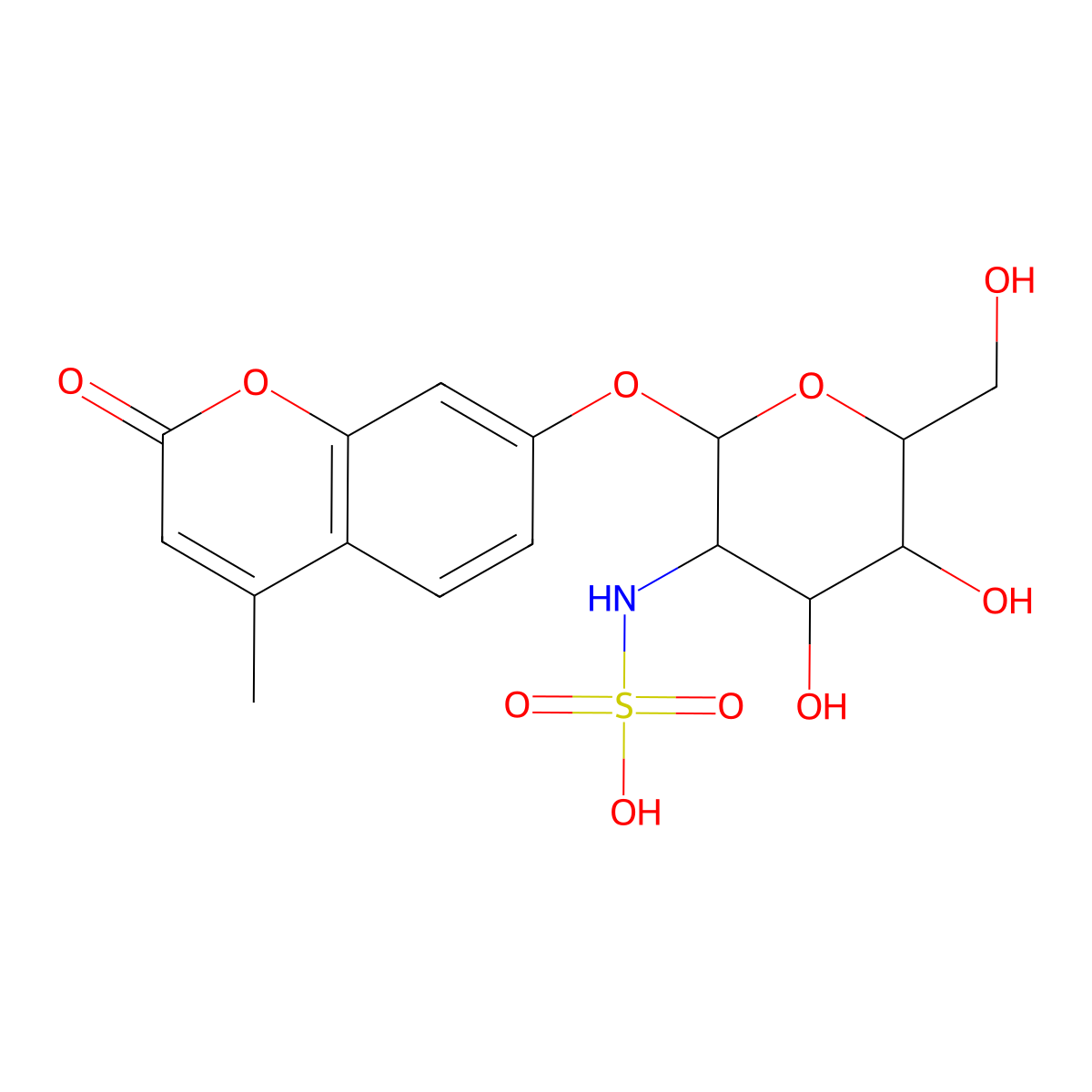 2H-1-Benzopyran-2-one, 7-[[2-deoxy-2-(sulfoamino)-alpha-D-glucopyranosyl]oxy]-4-methyl- molecular structure, CAS 180088-52-2