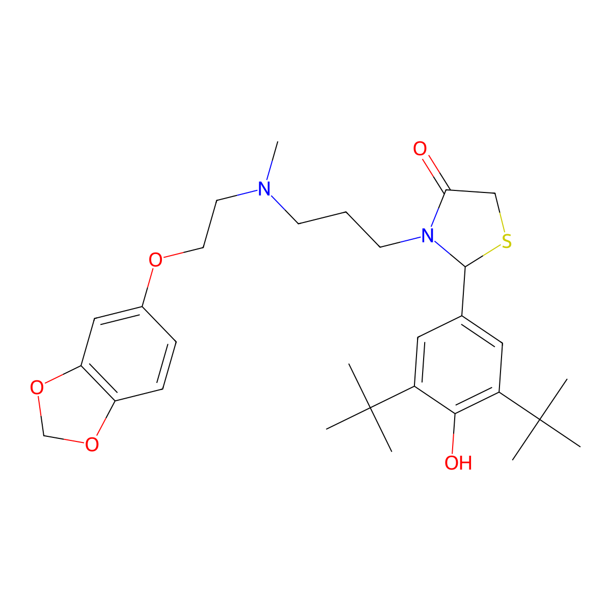 3-[3-[2-(1,3-Benzodioxol-5-yloxy)ethyl-methylamino]propyl]-2-(3,5-ditert-butyl-4-hydroxyphenyl)-1,3-thiazolidin-4-one molecular structure, CAS 180090-15-7