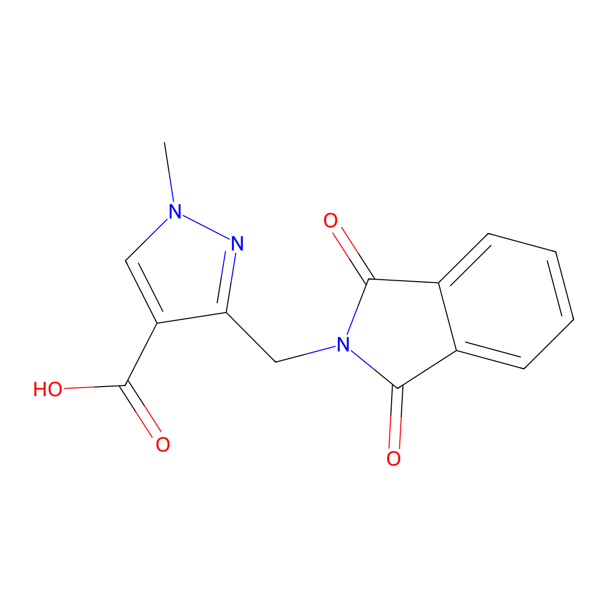 3-((1,3-dioxo-2,3-dihydro-1H-isoindol-2-yl)methyl)-1-methyl-1H-pyrazole-4-carboxylic acid molecular structure, CAS 1801270-07-4