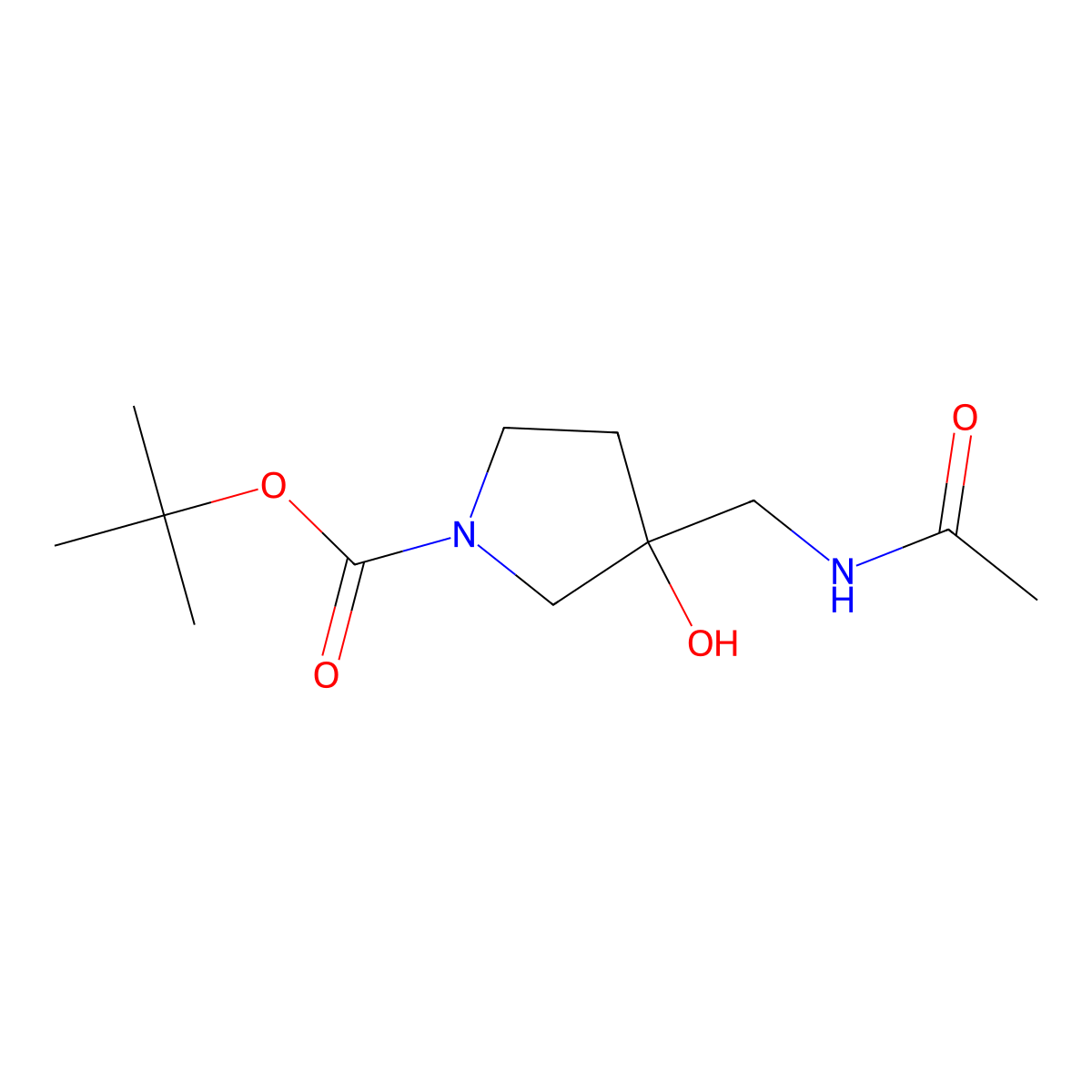 Tert-butyl 3-(acetamidomethyl)-3-hydroxypyrrolidine-1-carboxylate molecular structure, CAS 1801378-71-1