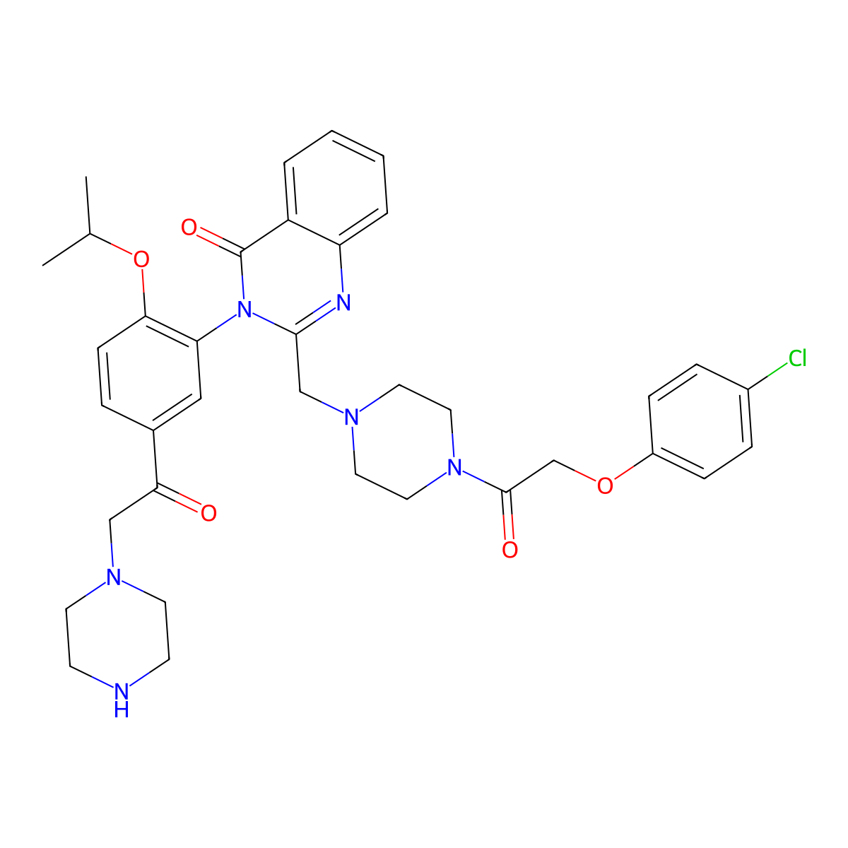 2-((4-(2-(4-chlorophenoxy)acetyl)piperazin-1-yl)methyl)-3-(2-isopropoxy-5-(2-(piperazin-1-yl)acetyl)phenyl)quinazolin-4(3H)-one molecular structure, CAS 1801530-09-5