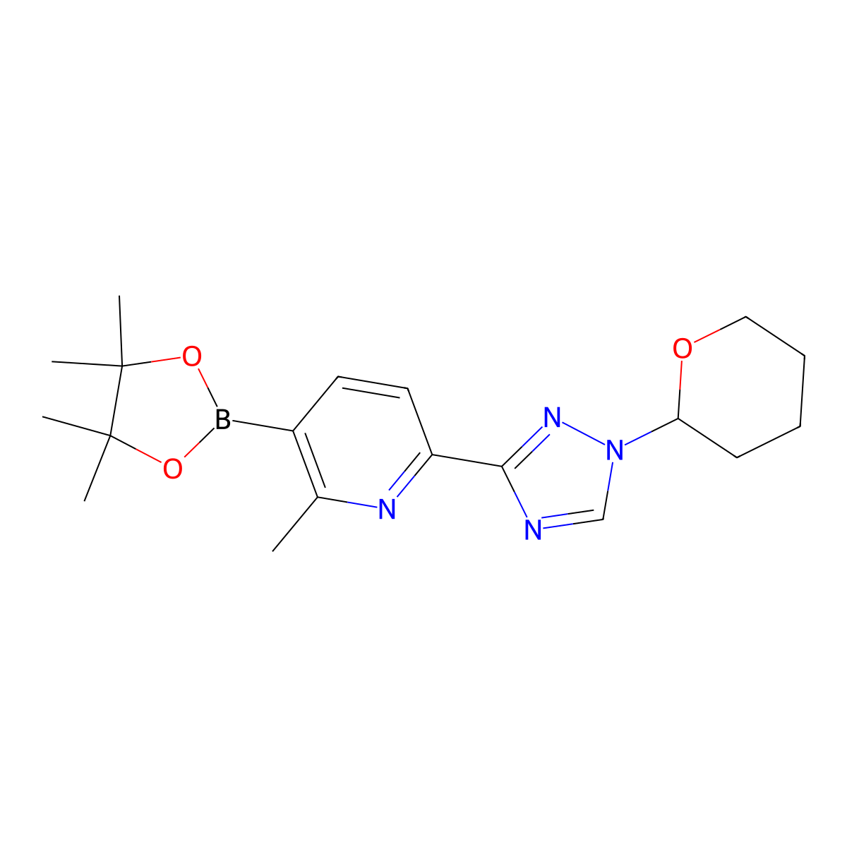 2-methyl-6-(1-(tetrahydro-2H-pyran-2-yl)-1H-1,2,4-triazol-3-yl)-3-(4,4,5,5-tetramethyl-1,3,2-dioxaborolan-2-yl)pyridine molecular structure, CAS 1801602-33-4