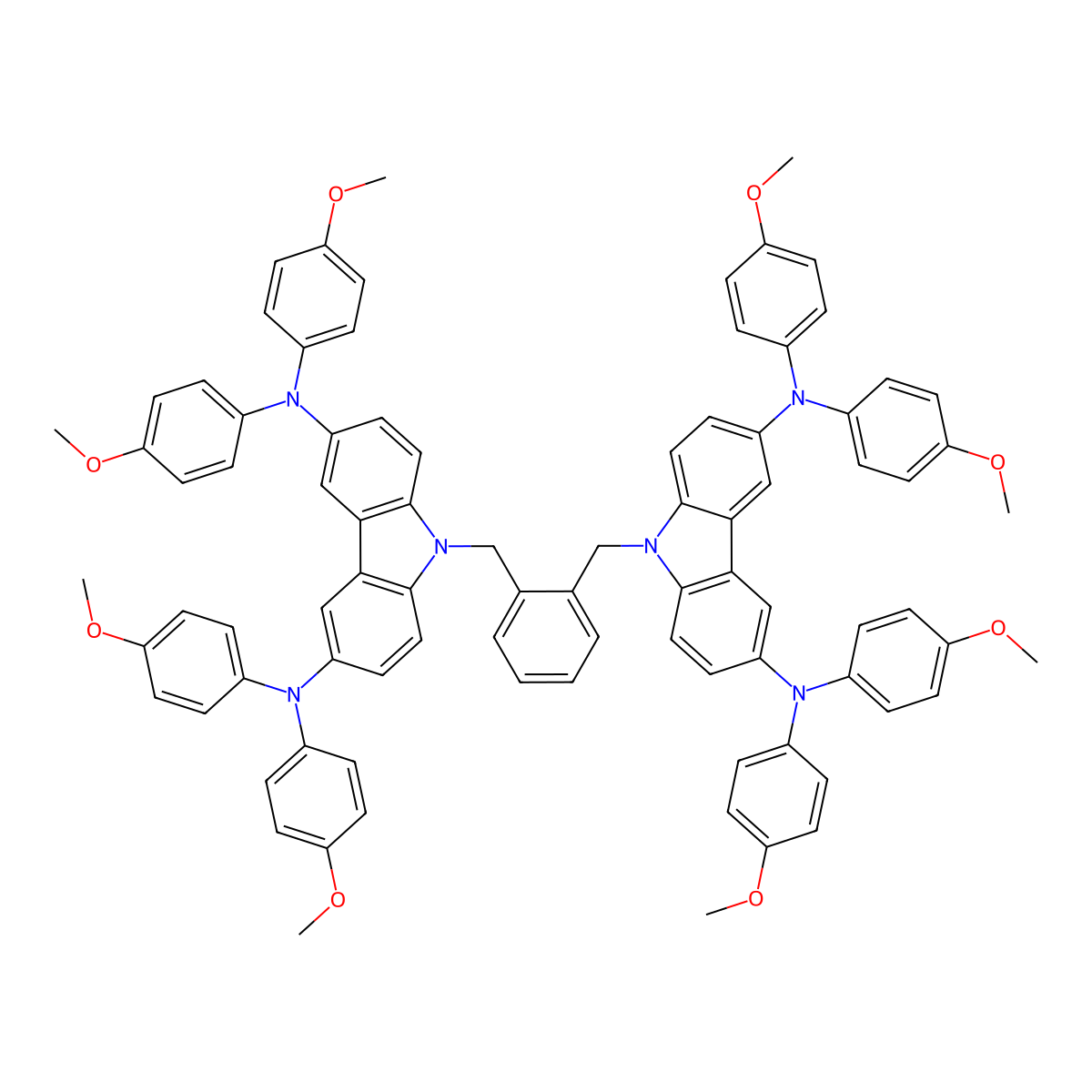 9,9'-[1,2-Phenylenebis(methylene)]bis[N3,N3,N6,N6-tetrakis(4-methoxyphenyl)-9H-carbazole-3,6-diamine] molecular structure, CAS 1801701-58-5