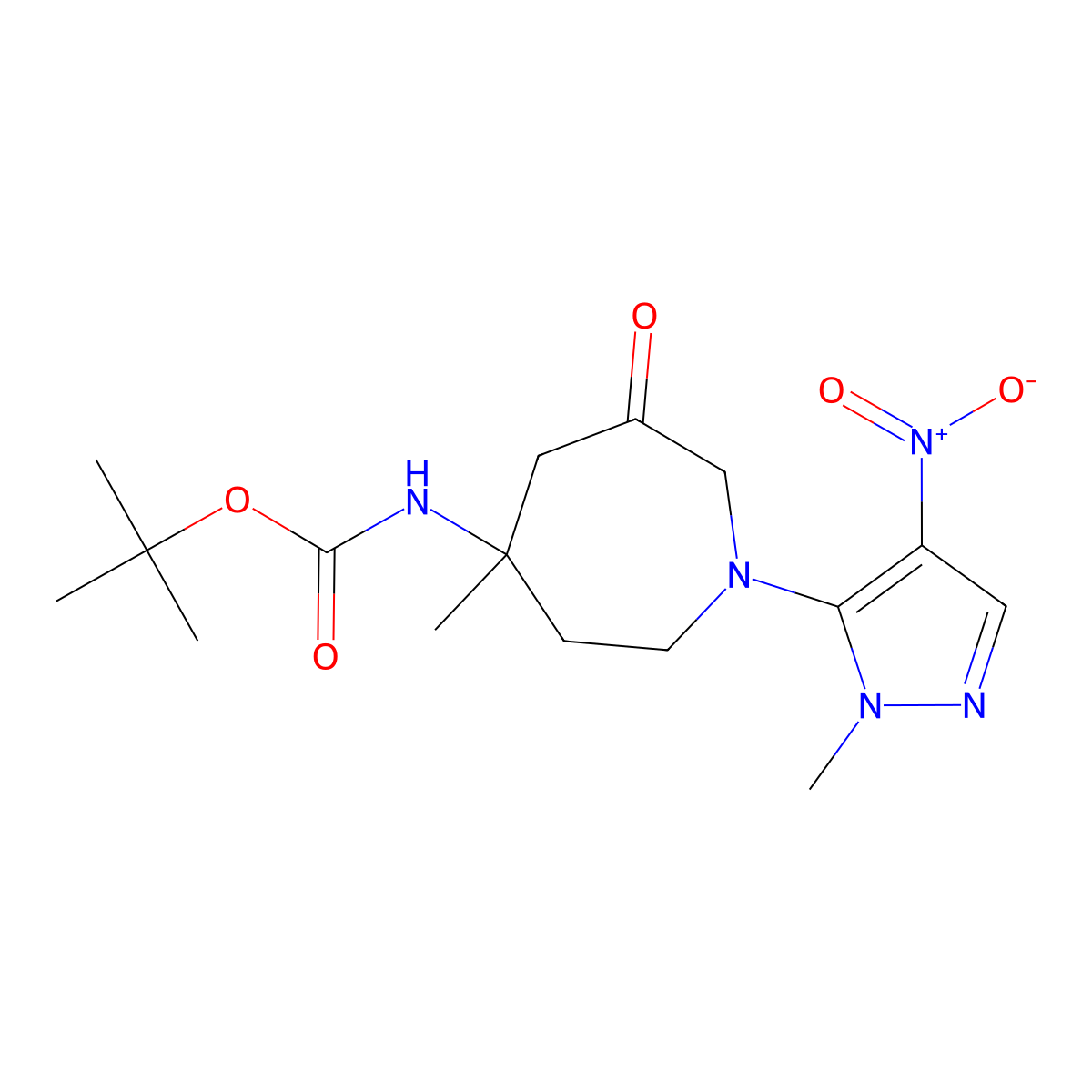 tert-Butyl (4-methyl-1-(1-methyl-4-nitro-1H-pyrazol-5-yl)-6-oxoazepan-4-yl)carbamate molecular structure, CAS 1801749-29-0