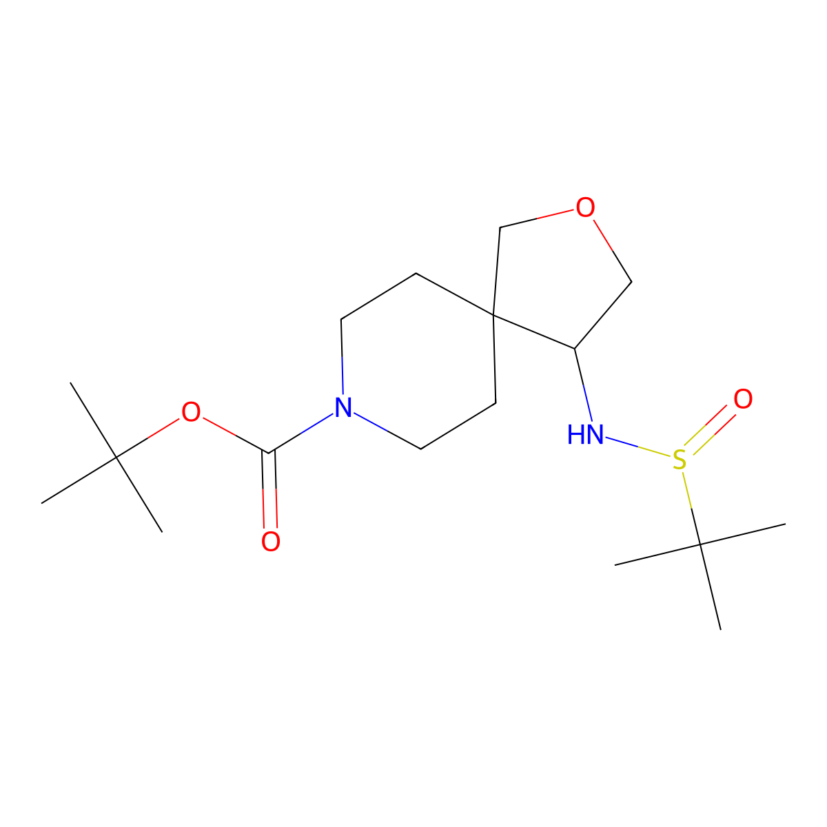tert-Butyl (S)-4-(((R)-tert-butylsulfinyl)amino)-2-oxa-8-azaspiro[4.5]decane-8-carboxylate molecular structure, CAS 1801766-69-7